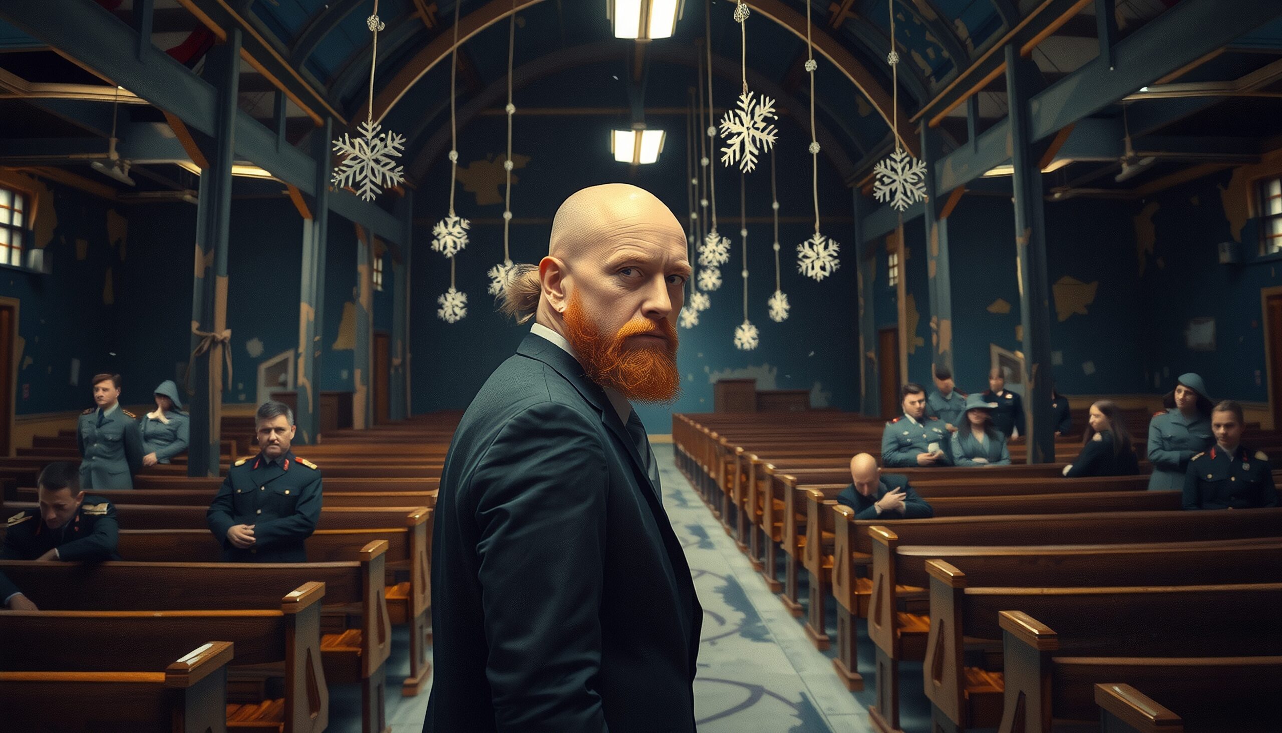 A solemn man with a red beard stands in a decorated church, surrounded by people in the pews.