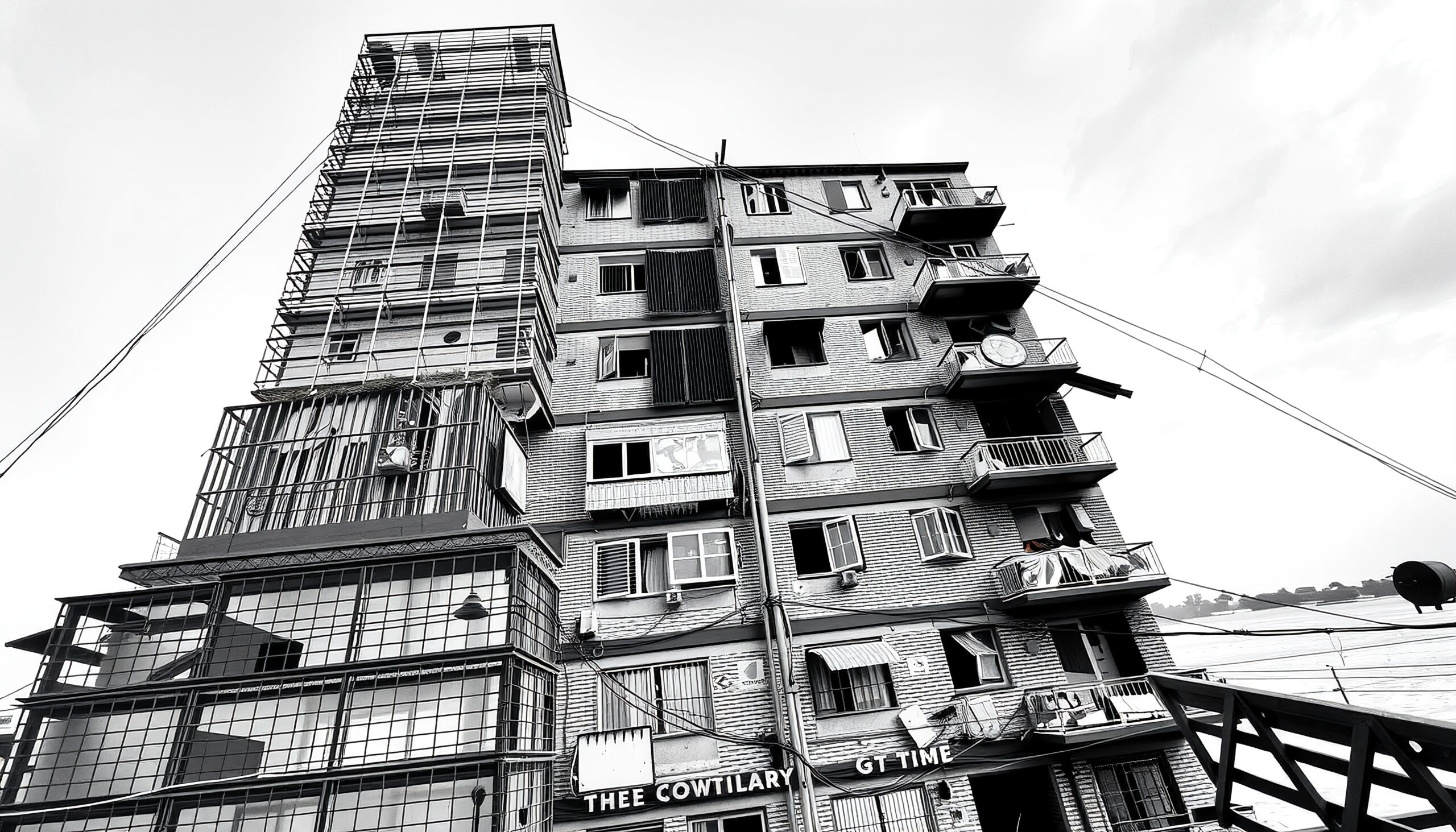 A black and white photo of a multi-story building with open windows, balconies, and a visible sign, framed against a cloudy sky.