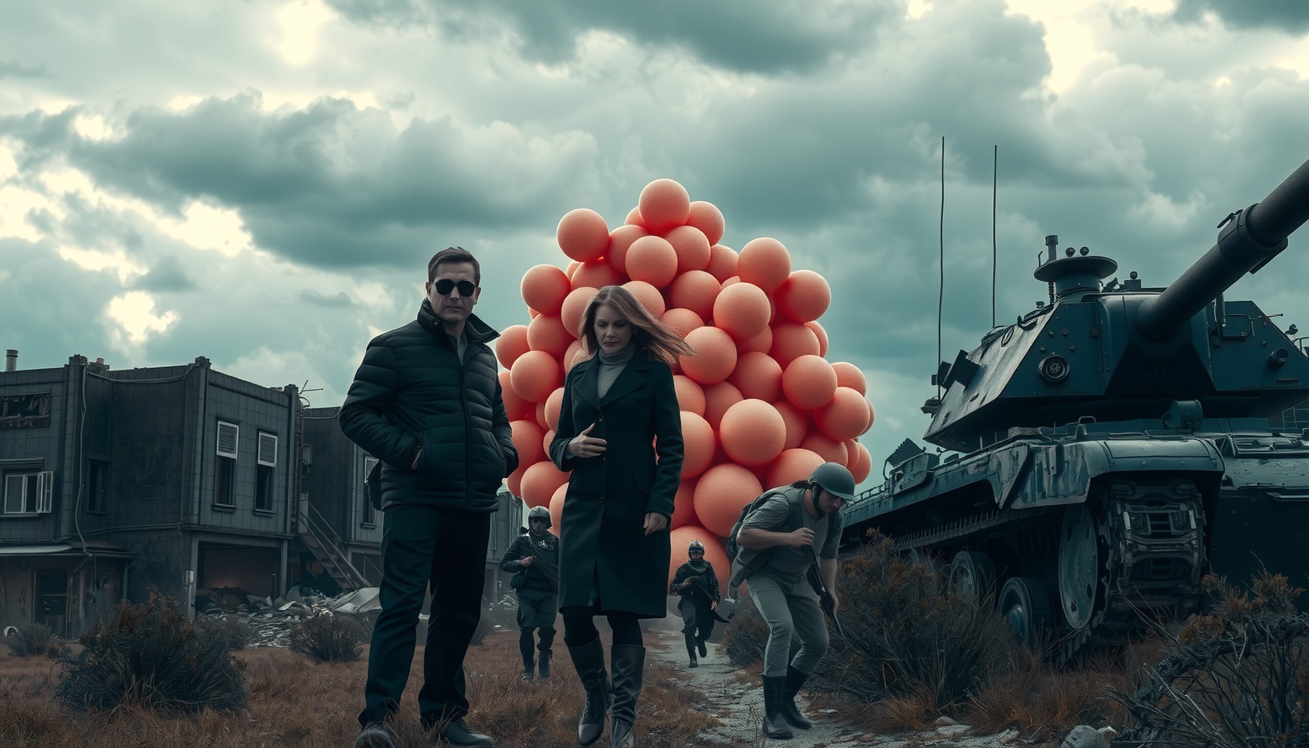 A dramatic scene with orange spheres and military presence amidst desolate ruins.