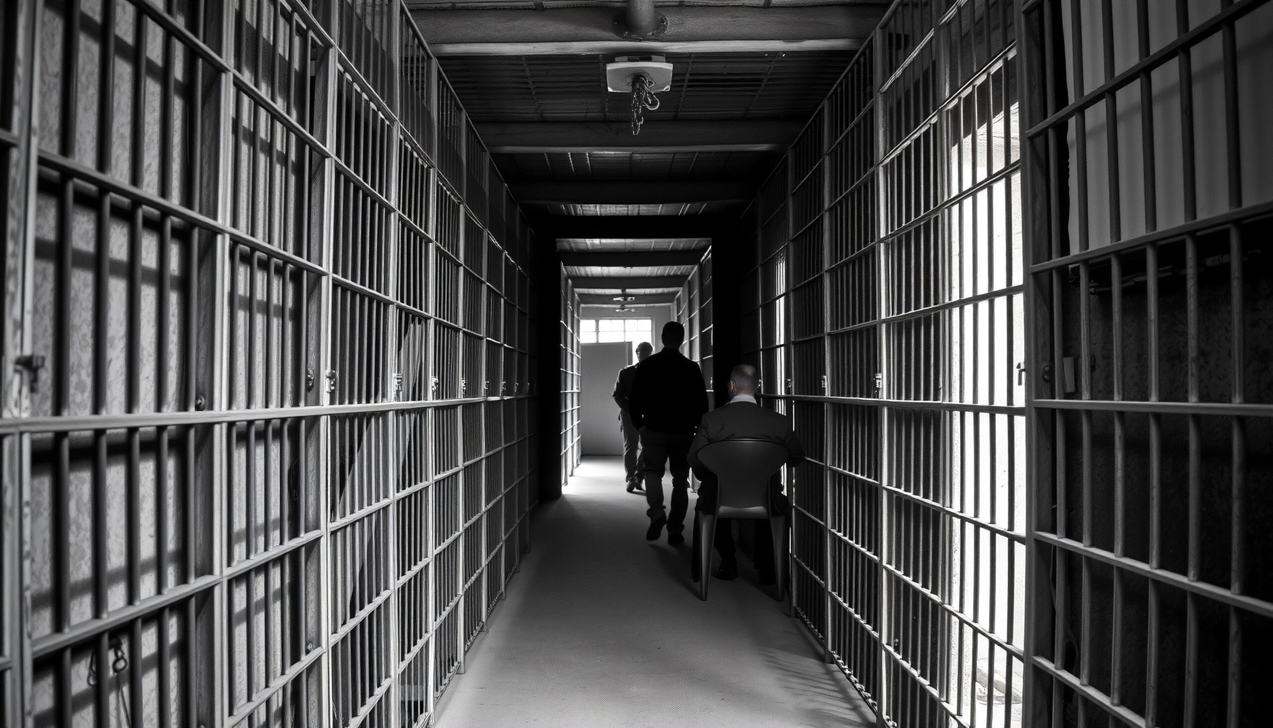 Black and white prison hallway with two figures walking.