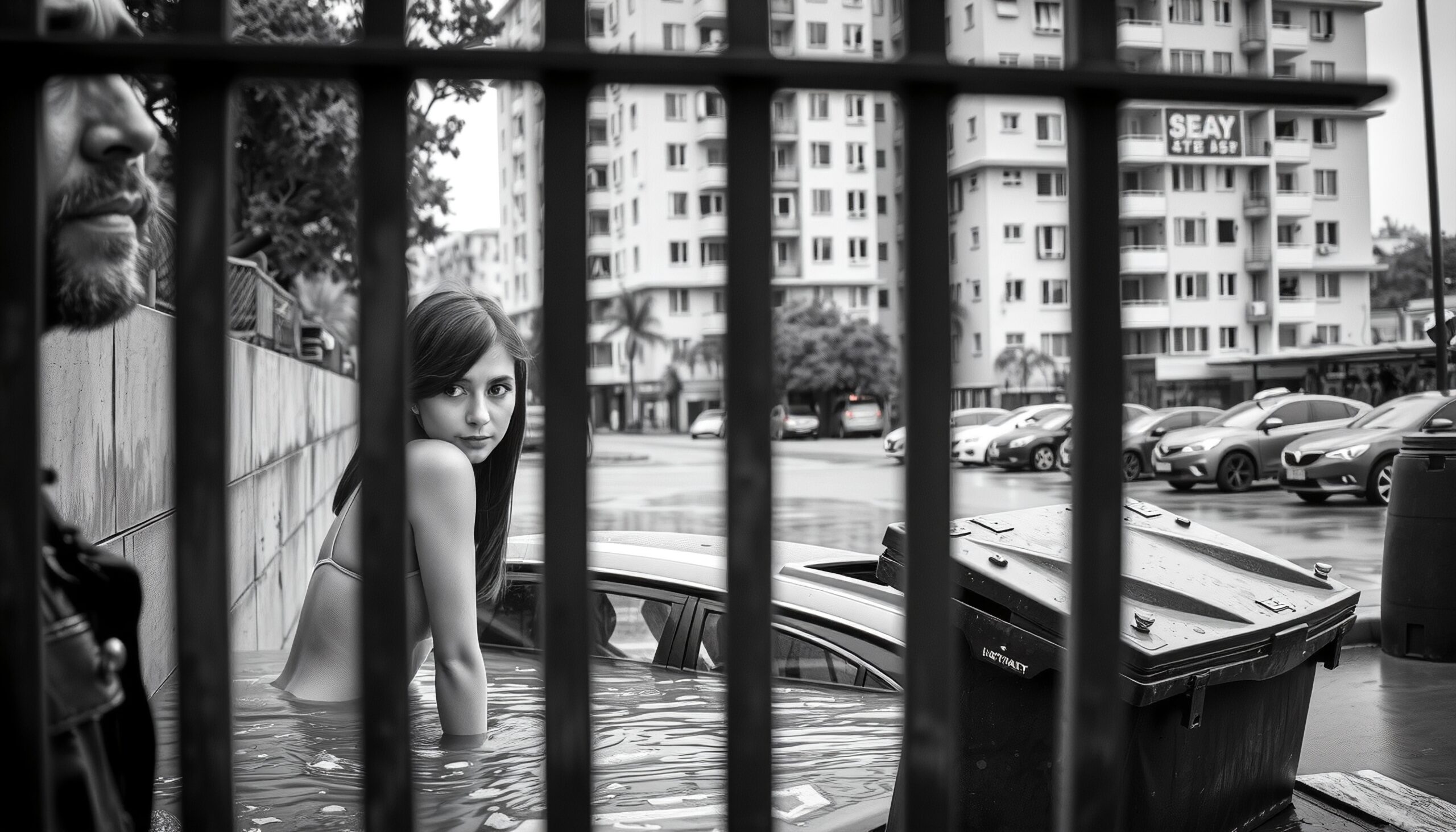 A young woman in a flooded car in urban cityscape, seen through bars.