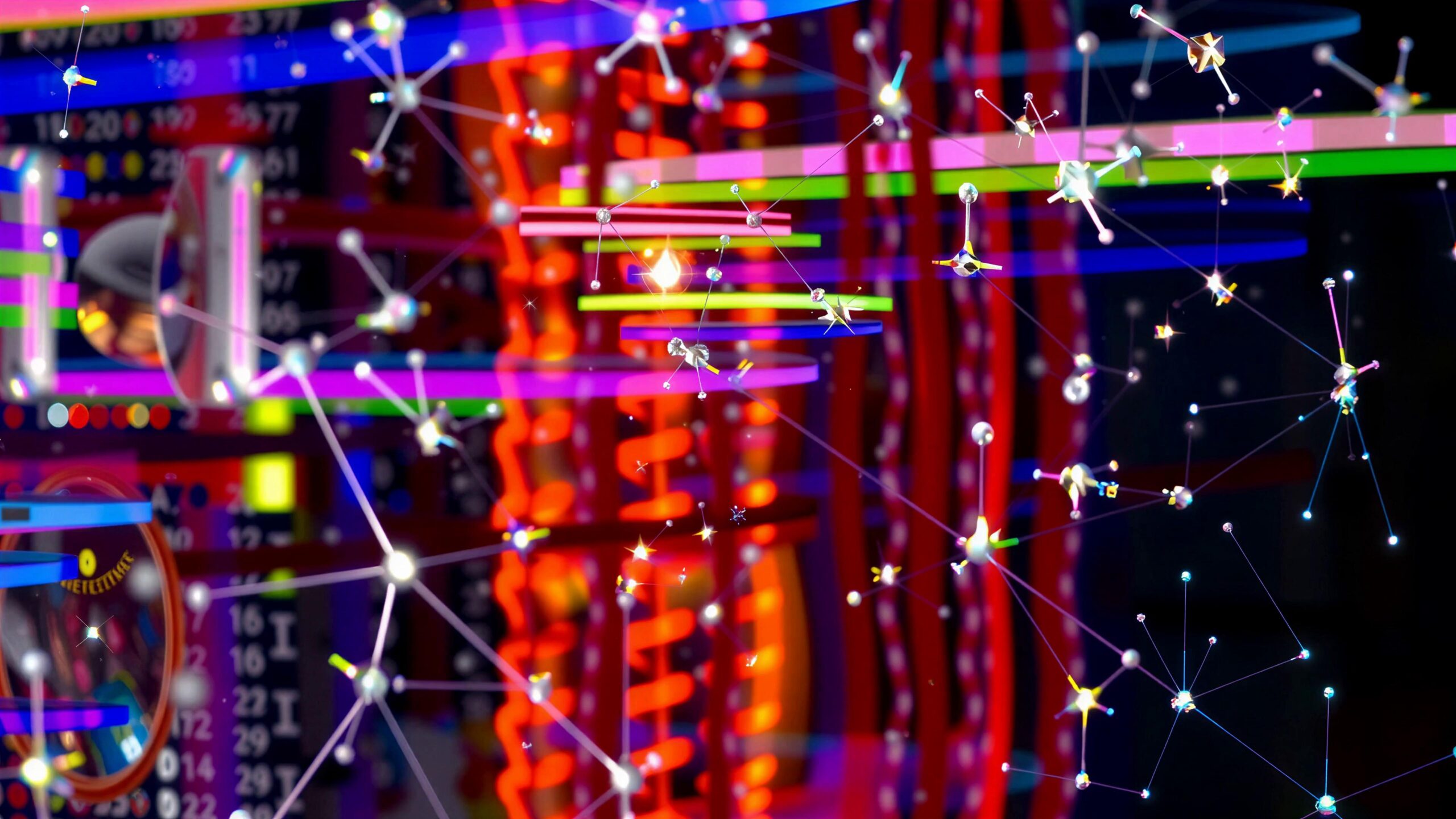Abstract cybernetic network visualization with pulsating lights and floating orbs