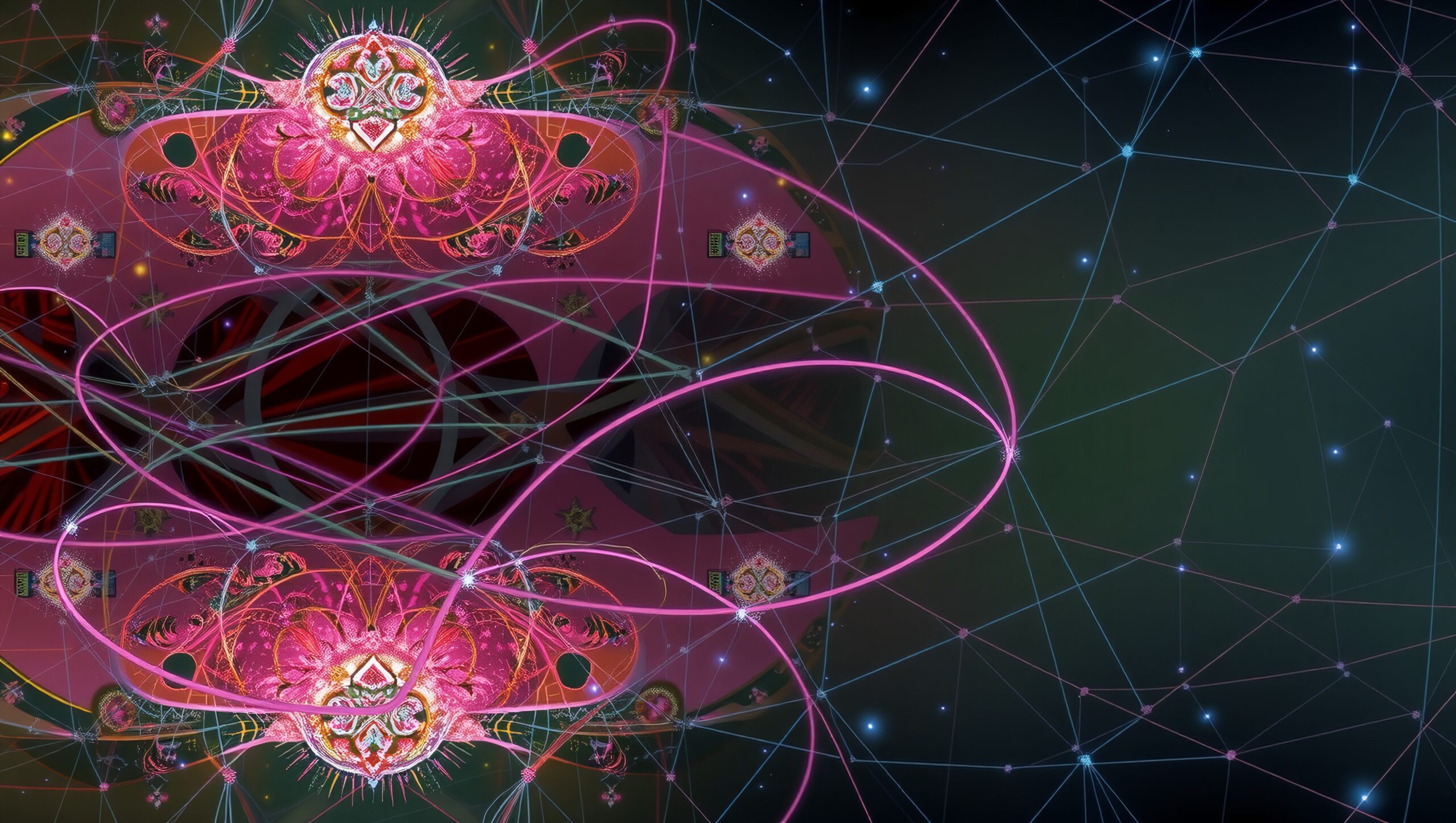 Vibrant abstract digital art with swirling pink lines and fractal elements.