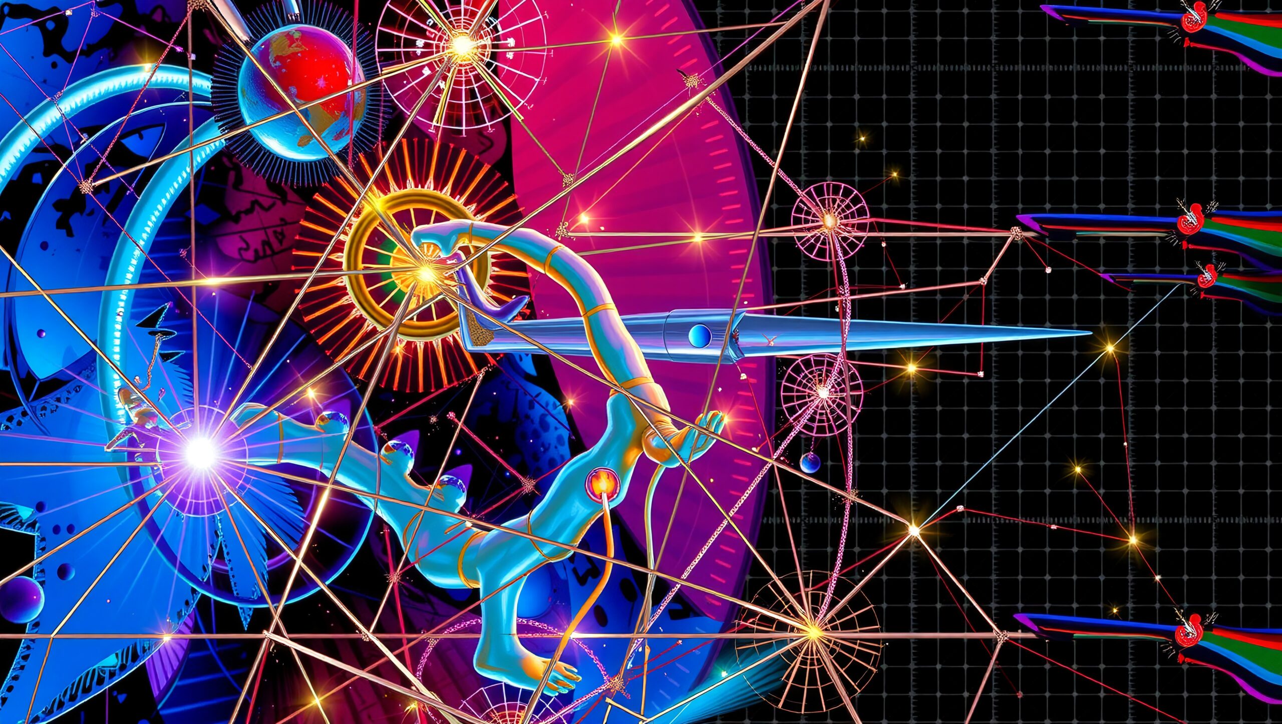A futuristic digital artwork depicting a cosmic explorer intertwined with geometric shapes and vibrant colors.