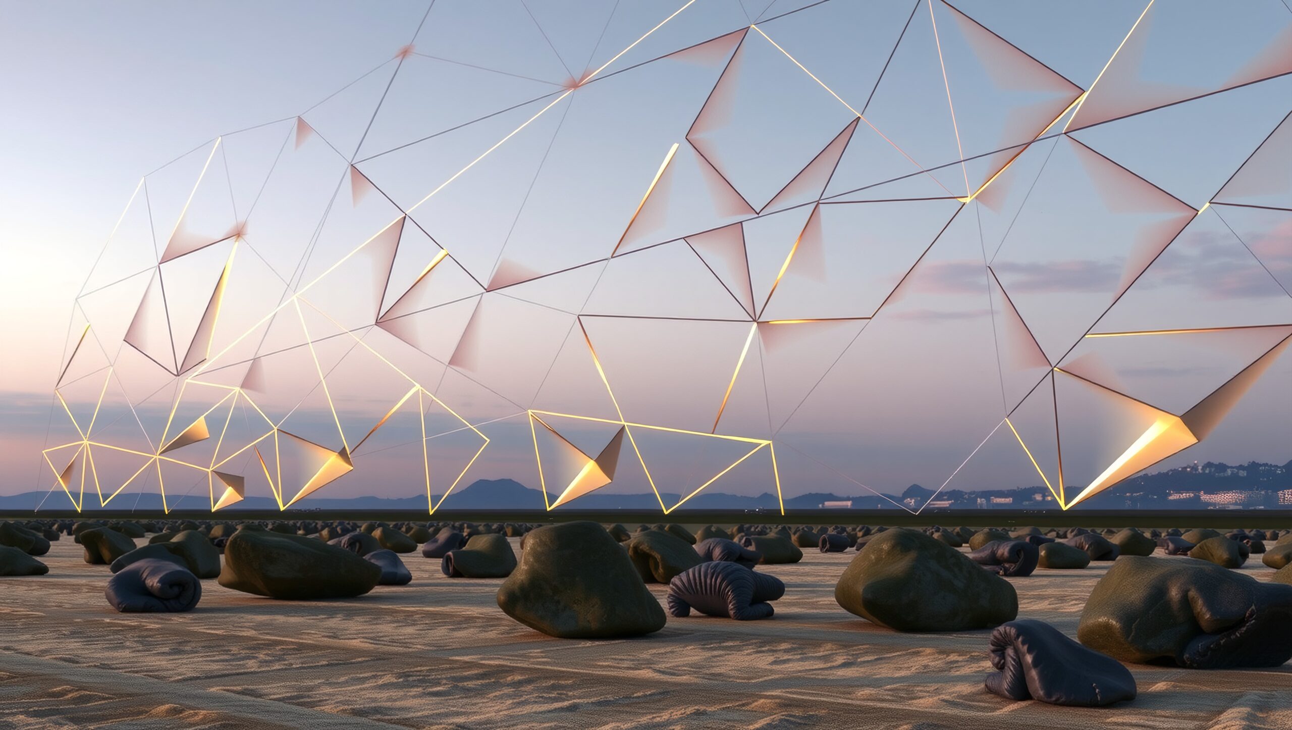 A geometric light structure contrasts a serene landscape with rocks.