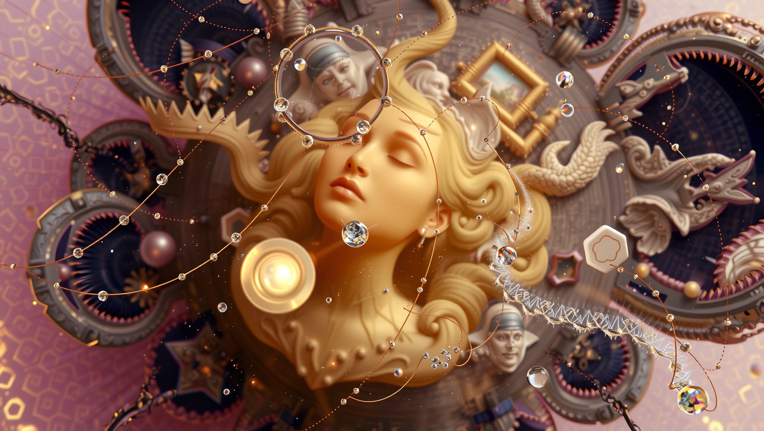 A surreal composition blending mechanical and organic elements, featuring a serene female face surrounded by intricate details and floating droplets.