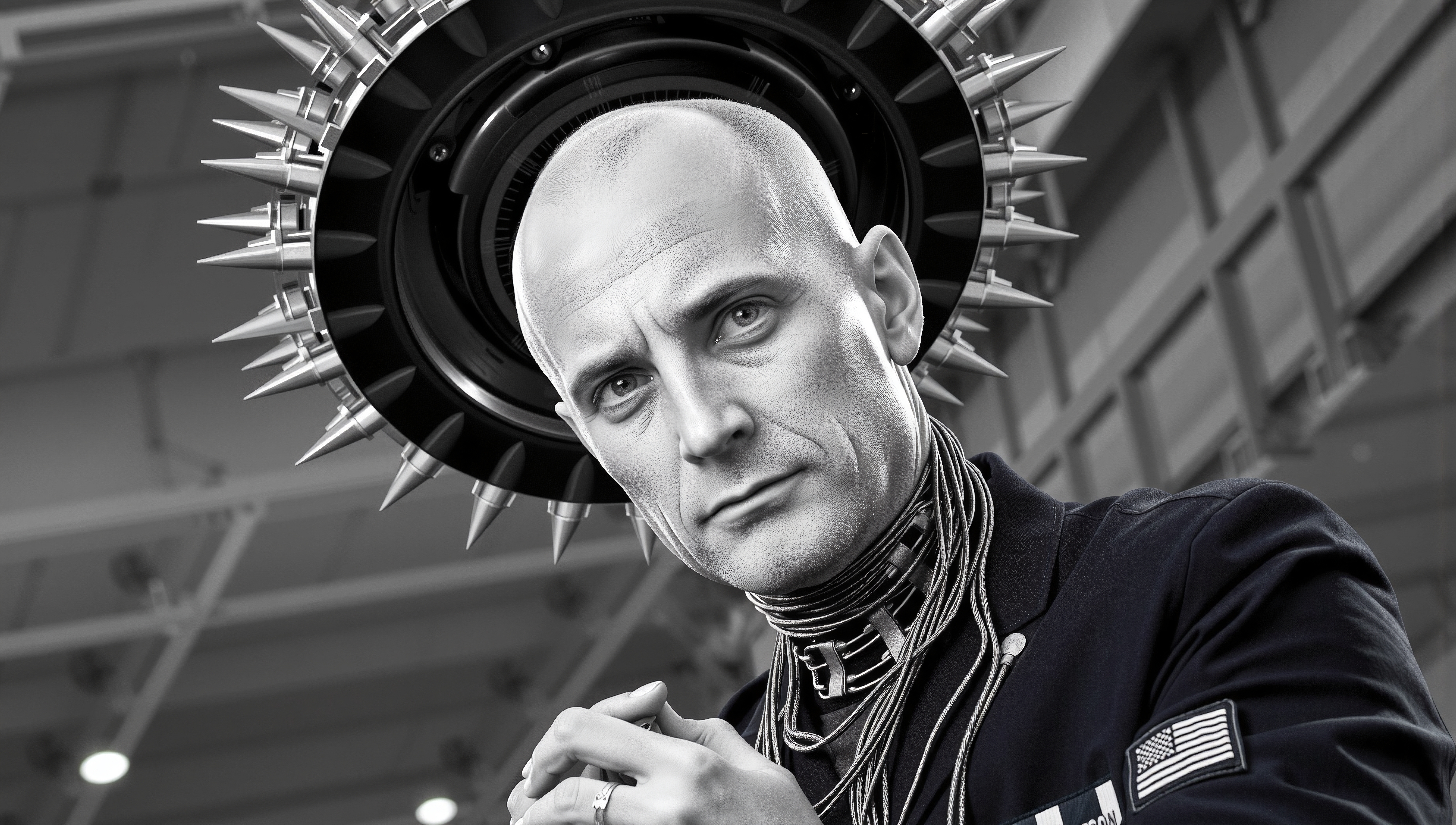 A futuristic character with a spiked halo, set in an industrial background.