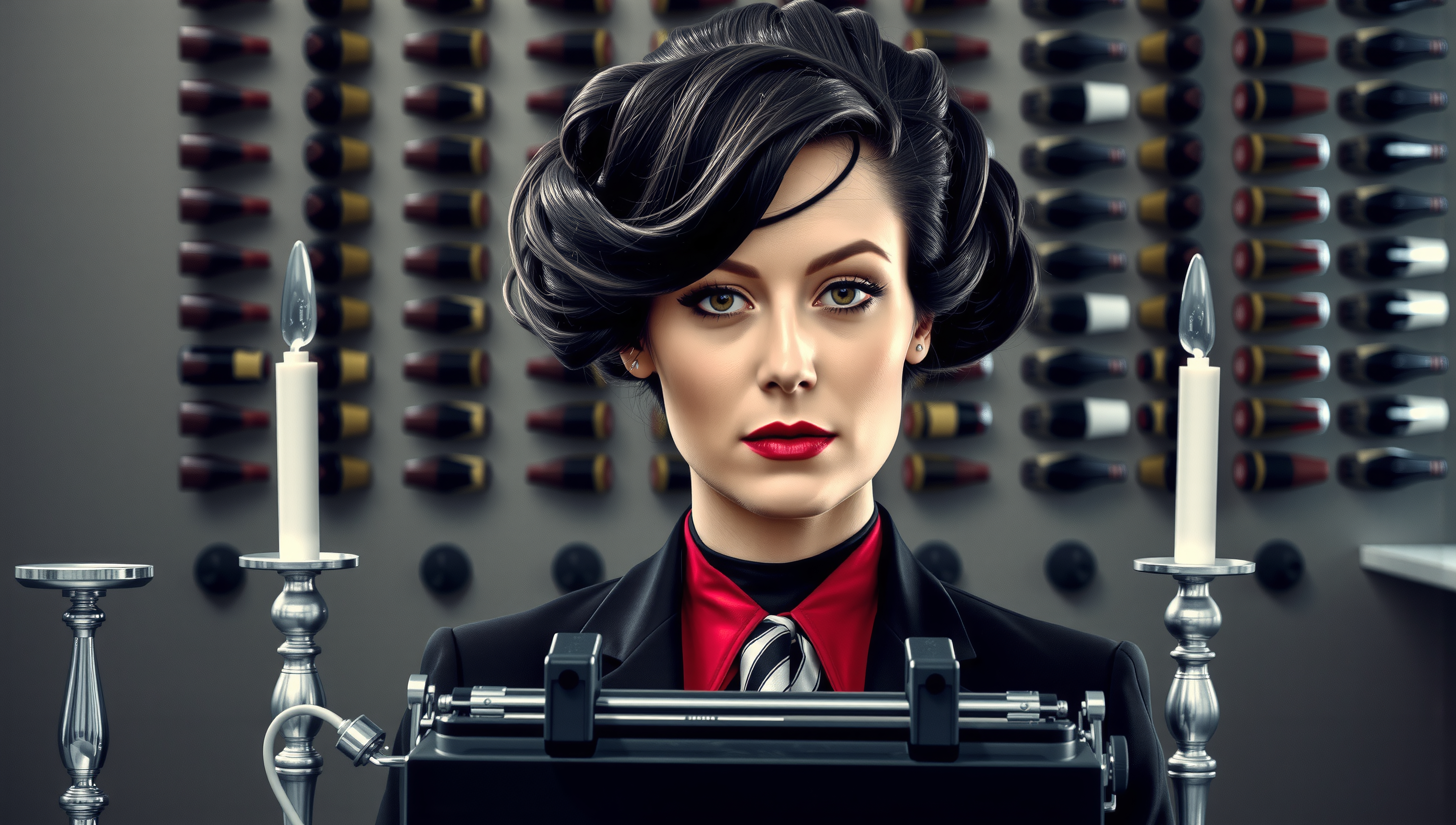 Woman with typewriter and bottles background, red lipstick, vintage retro style.