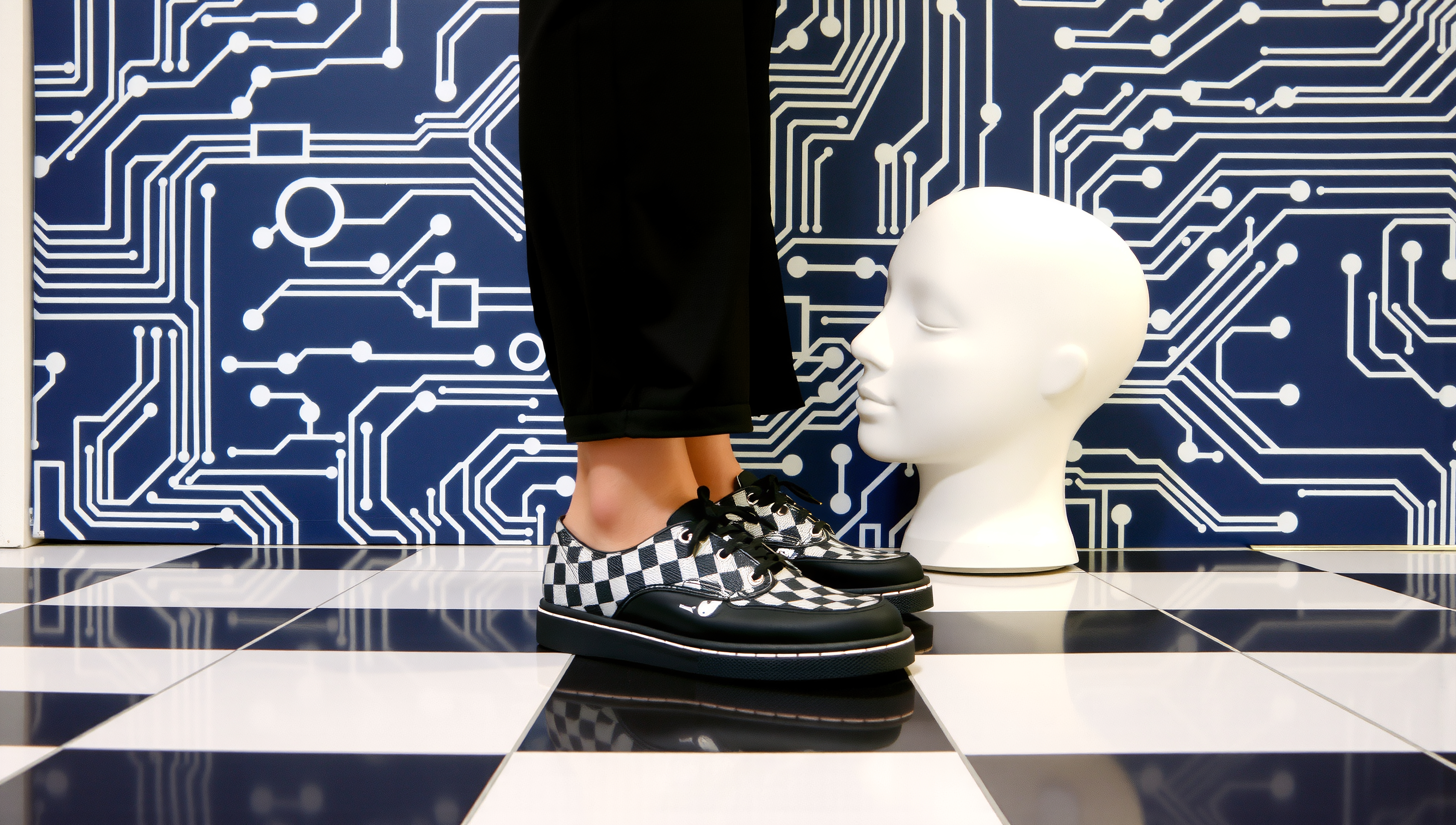Checkered shoes and mannequin head on a circuit-themed background.