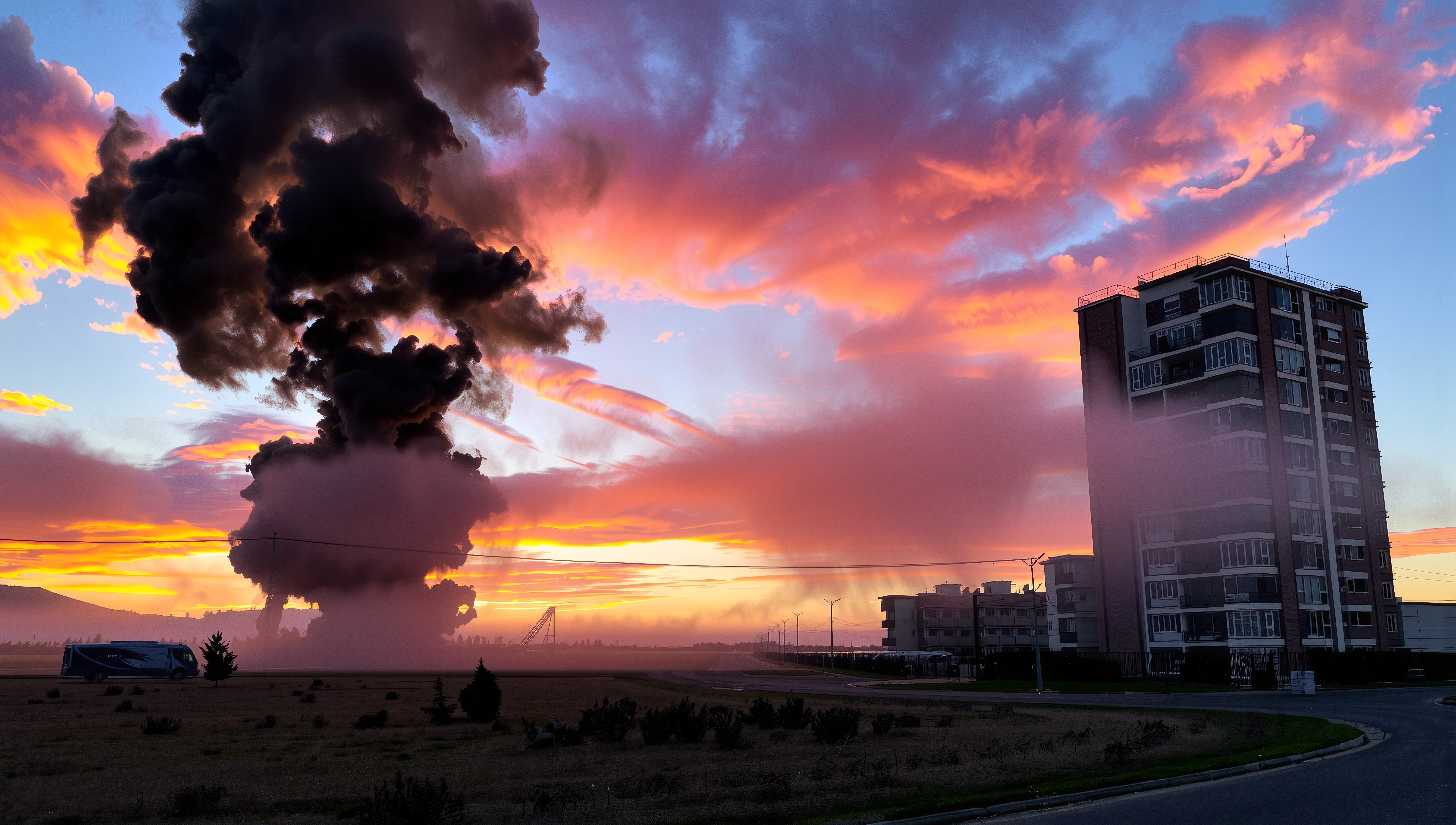 A vibrant sky contrasts with a towering smoke plume as a bus moves past, under an ominous cloud near a building at dawn.