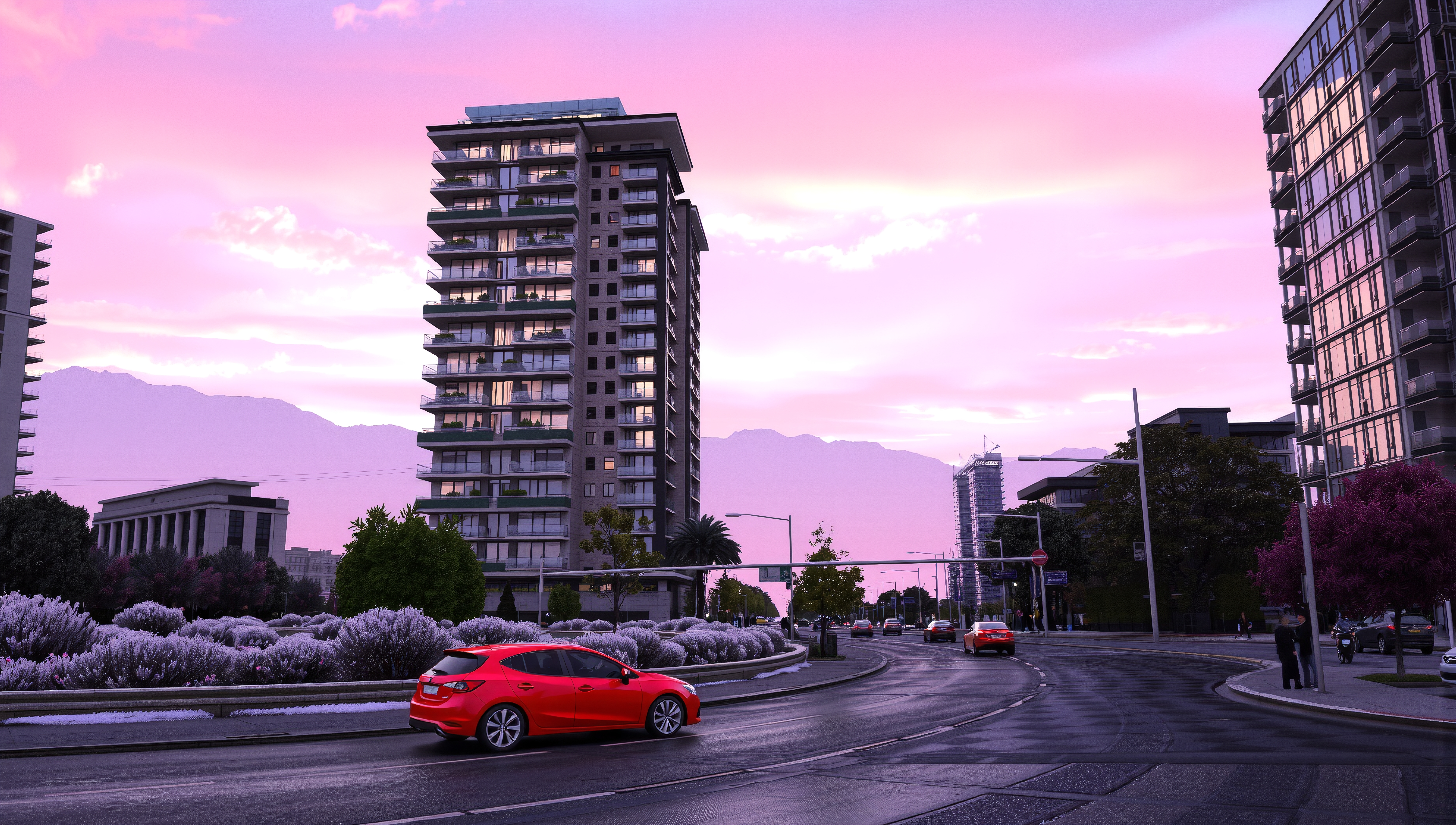 A vibrant city street at sunset with tall buildings and colorful sky.