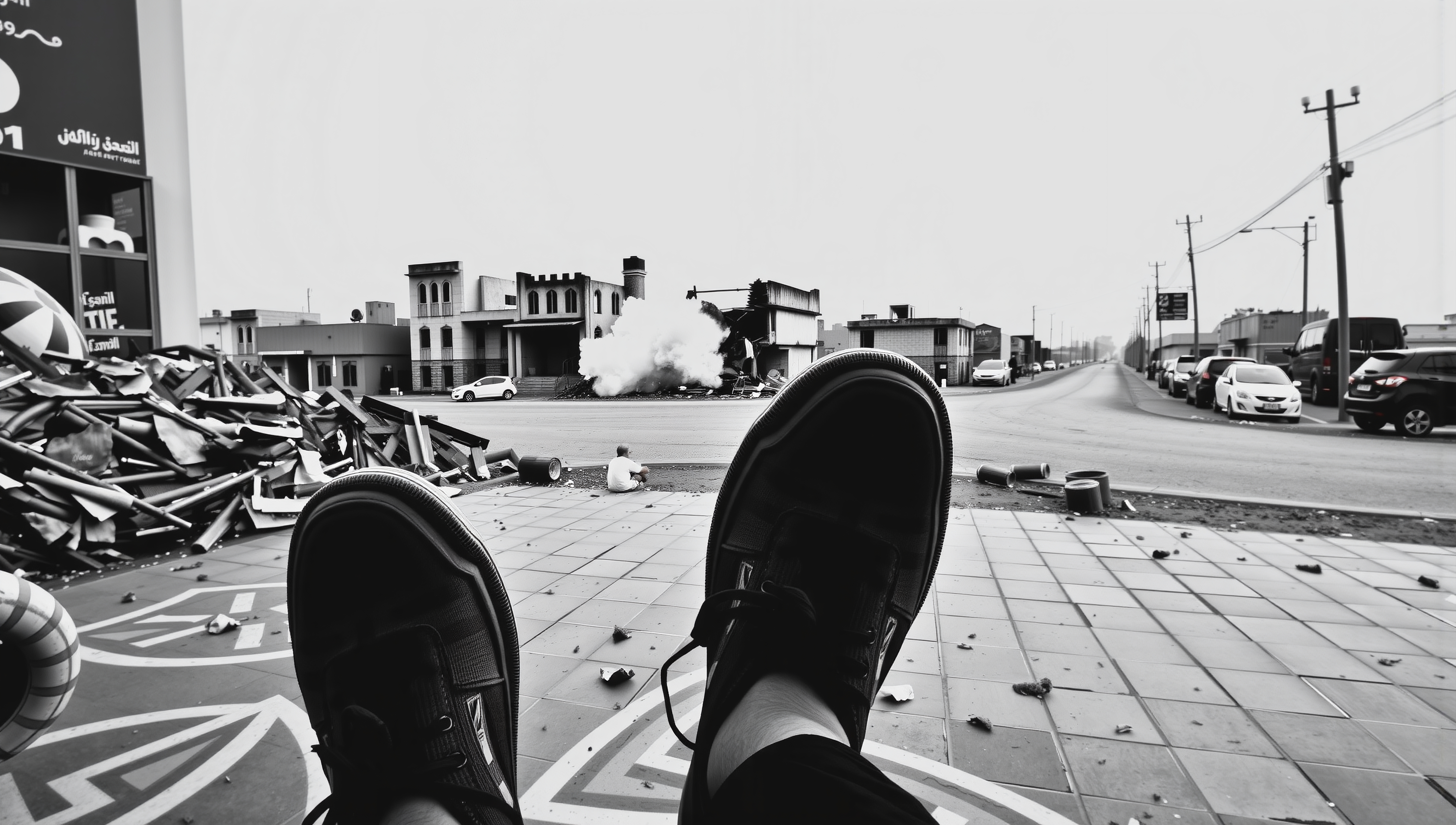 Black and white image showing an urban street scene with debris, smoke, and a person observing from the foreground.
