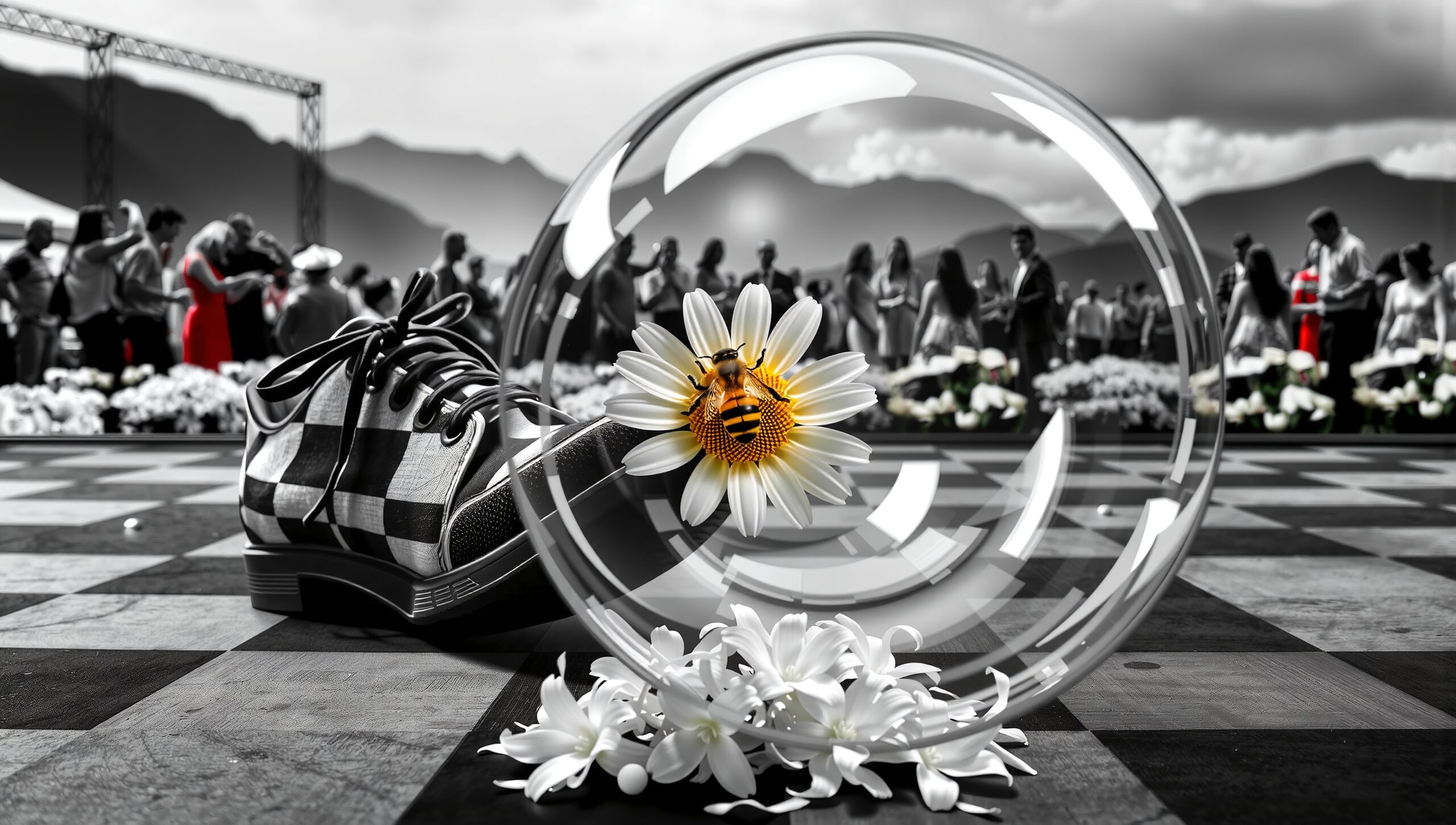 Surreal image of a bee on a daisy within a bubble on a chessboard with a blurred crowd background.