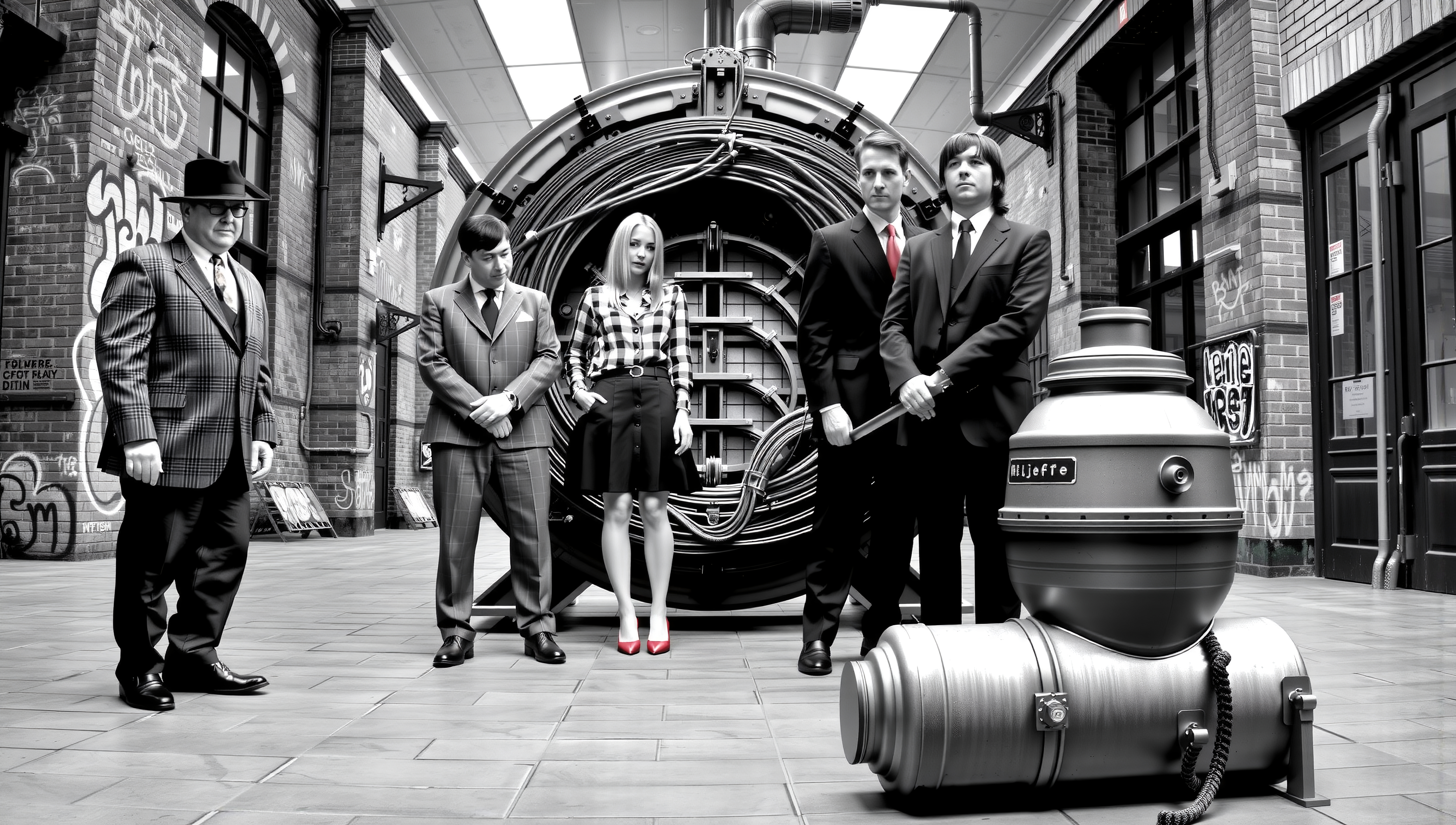 Vintage industrial scene with five formally dressed people standing before a large machine, featuring urban and technological themes.