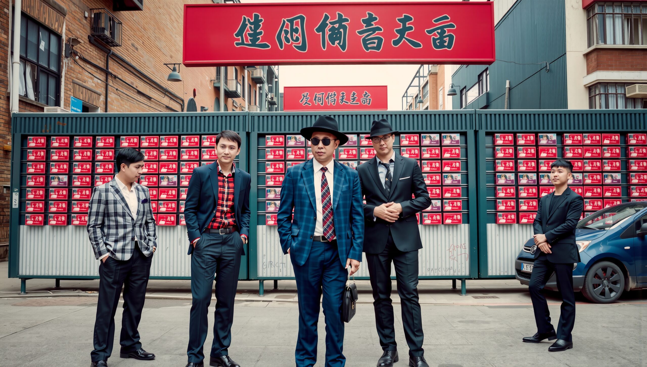 A group of stylish men wearing suits stands confidently against a backdrop of red signs and urban surroundings.