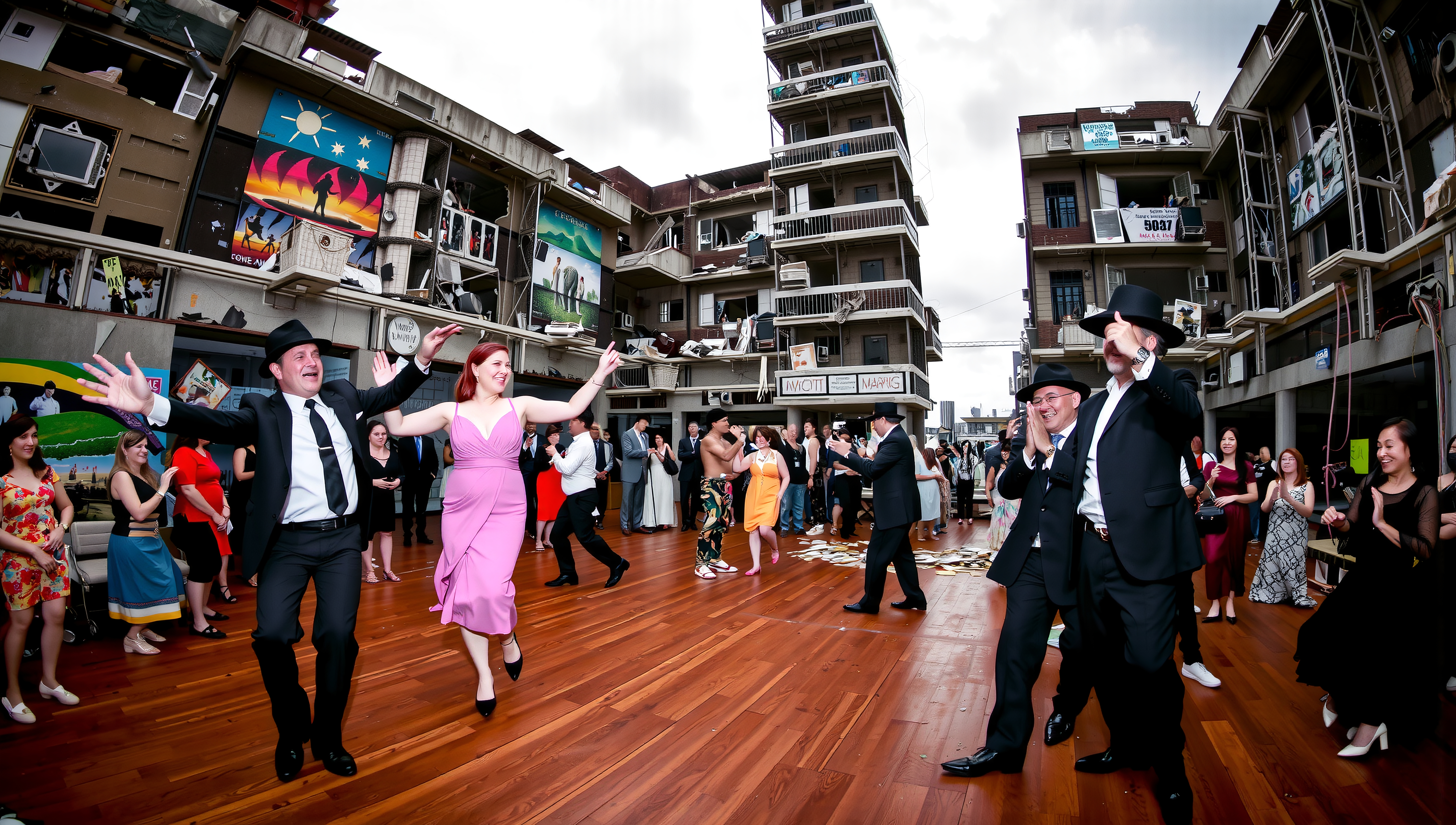 A festive group dances joyfully on a wooden floor in front of a vibrant building facade, under an overcast sky.