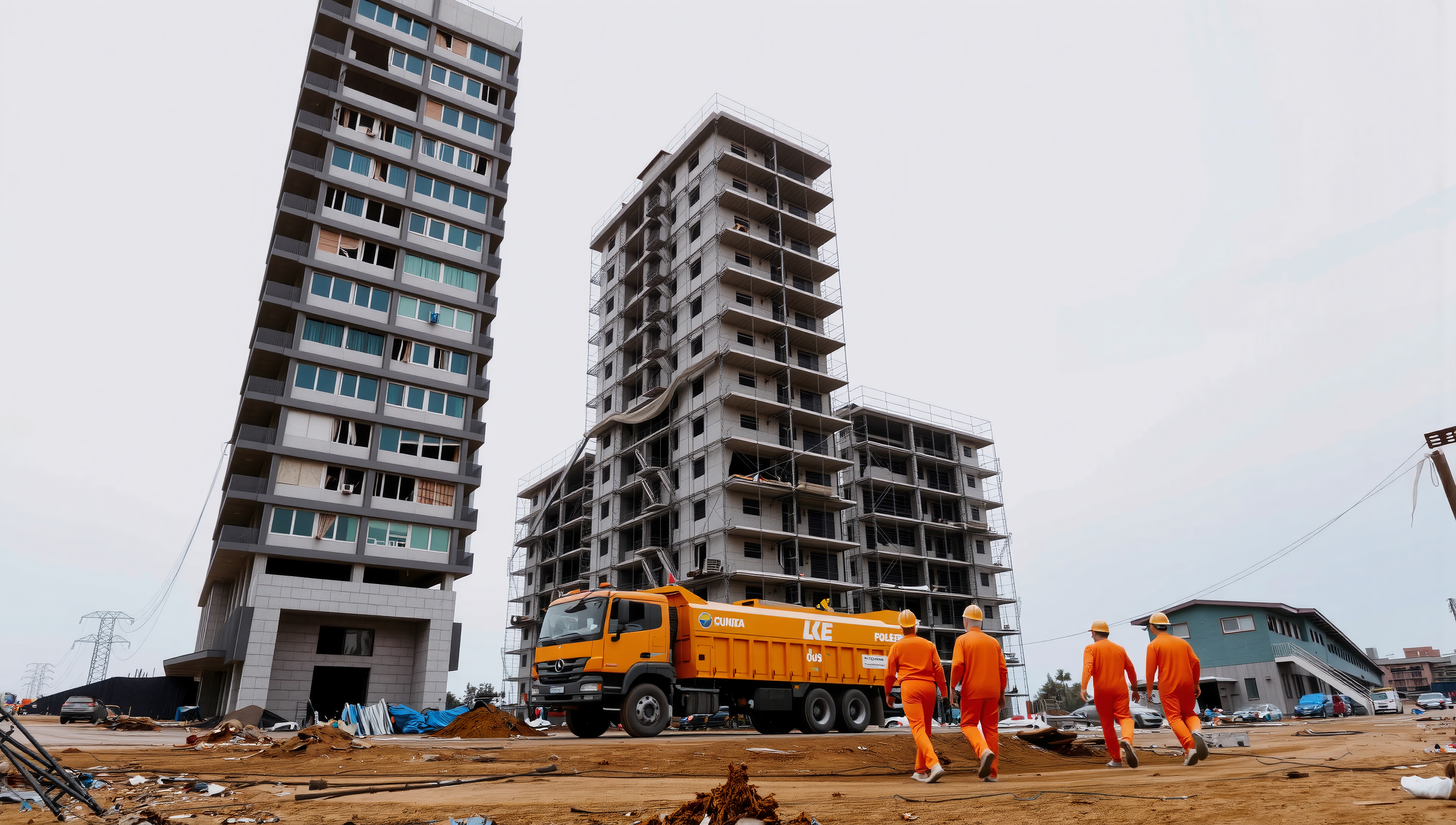 Construction workers on urban site with incomplete leaning buildings, bright orange truck, and scaffolding.