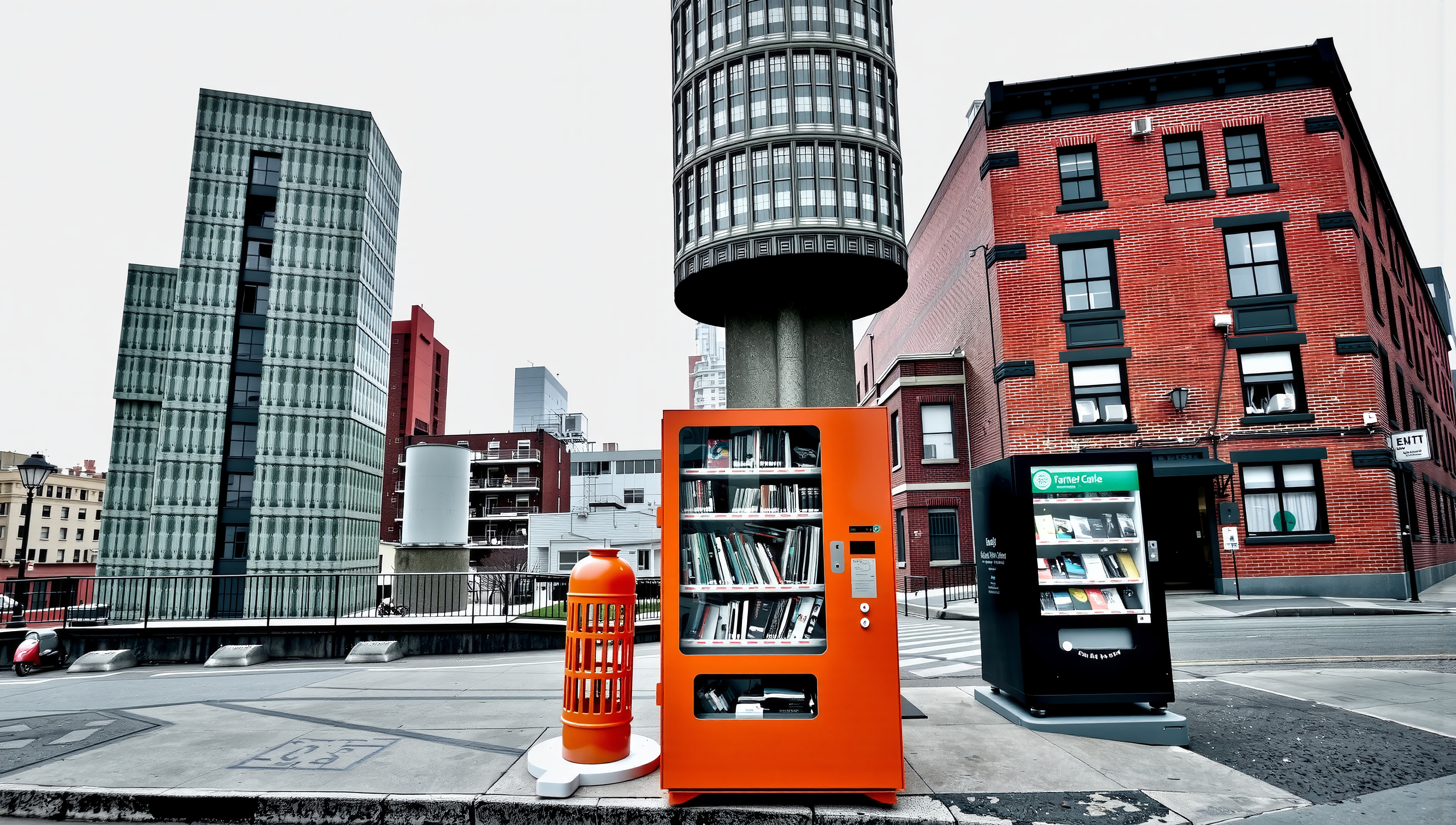 A modern city street features a unique orange book vending machine amidst contrasting architectural elements, blending tradition and innovation.