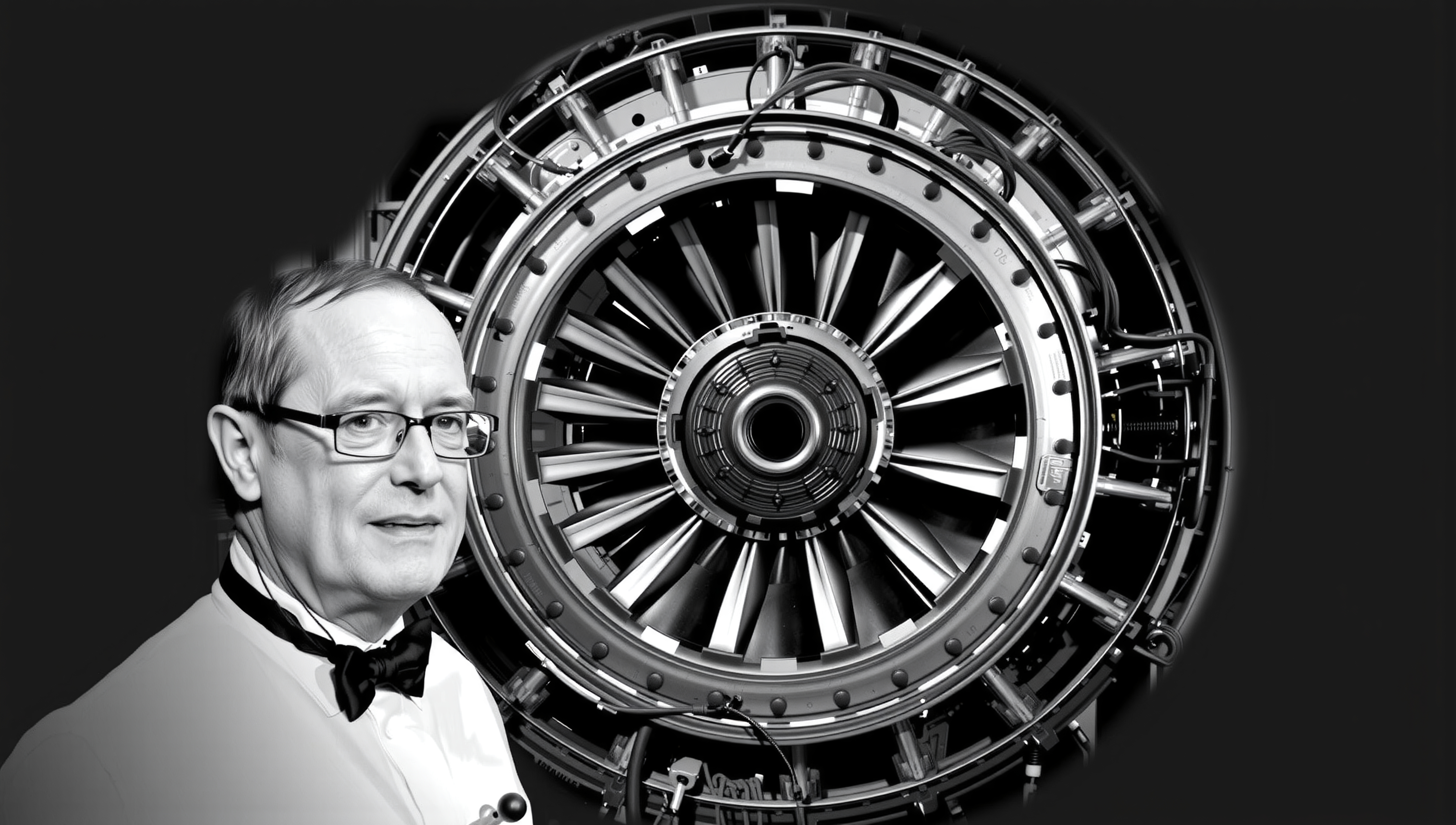 Image of a man with a jet engine background, focusing on engineering complexity and innovation in a classic black and white style.