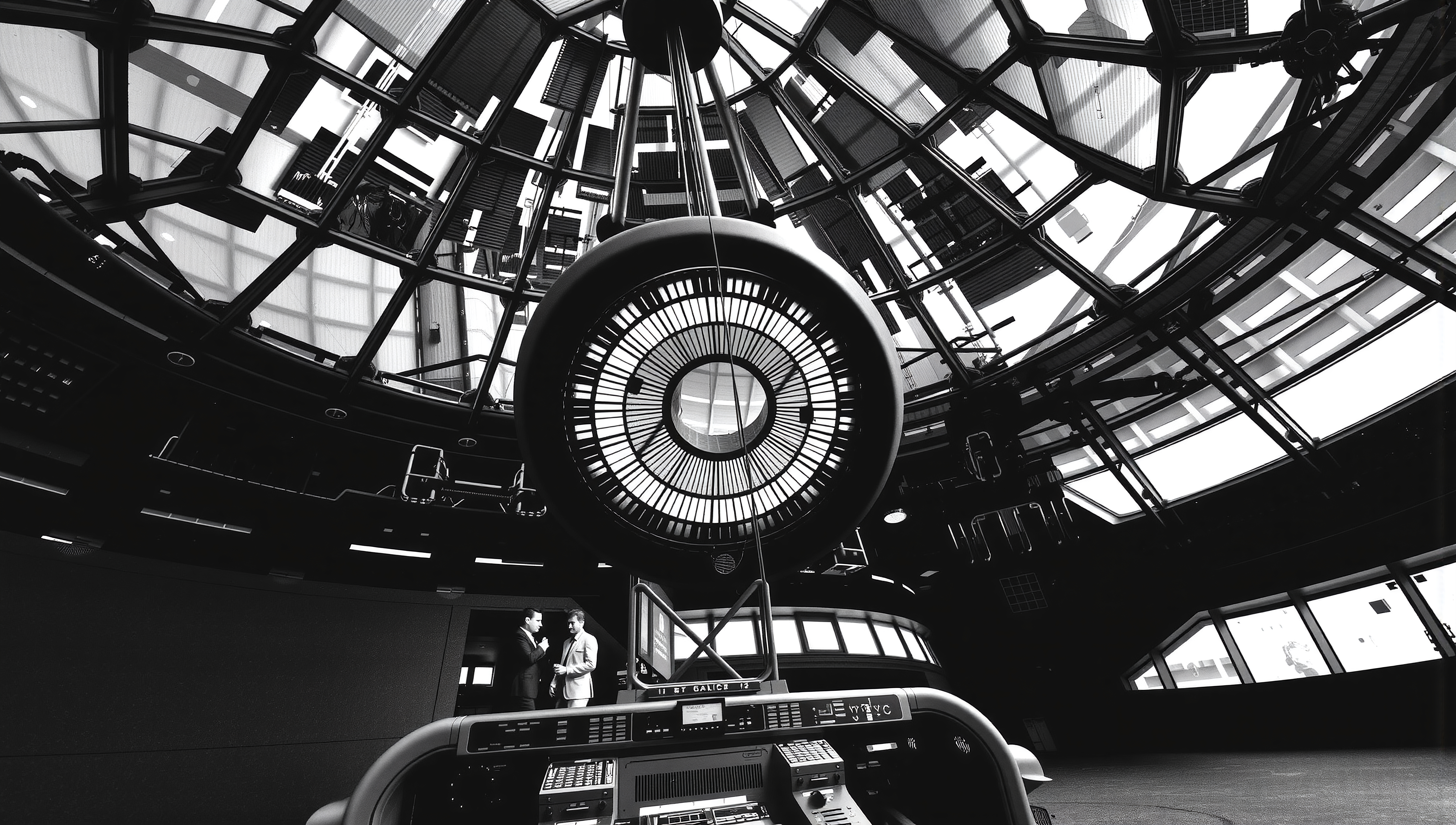 Intricate circular structure under glass dome ceiling.
