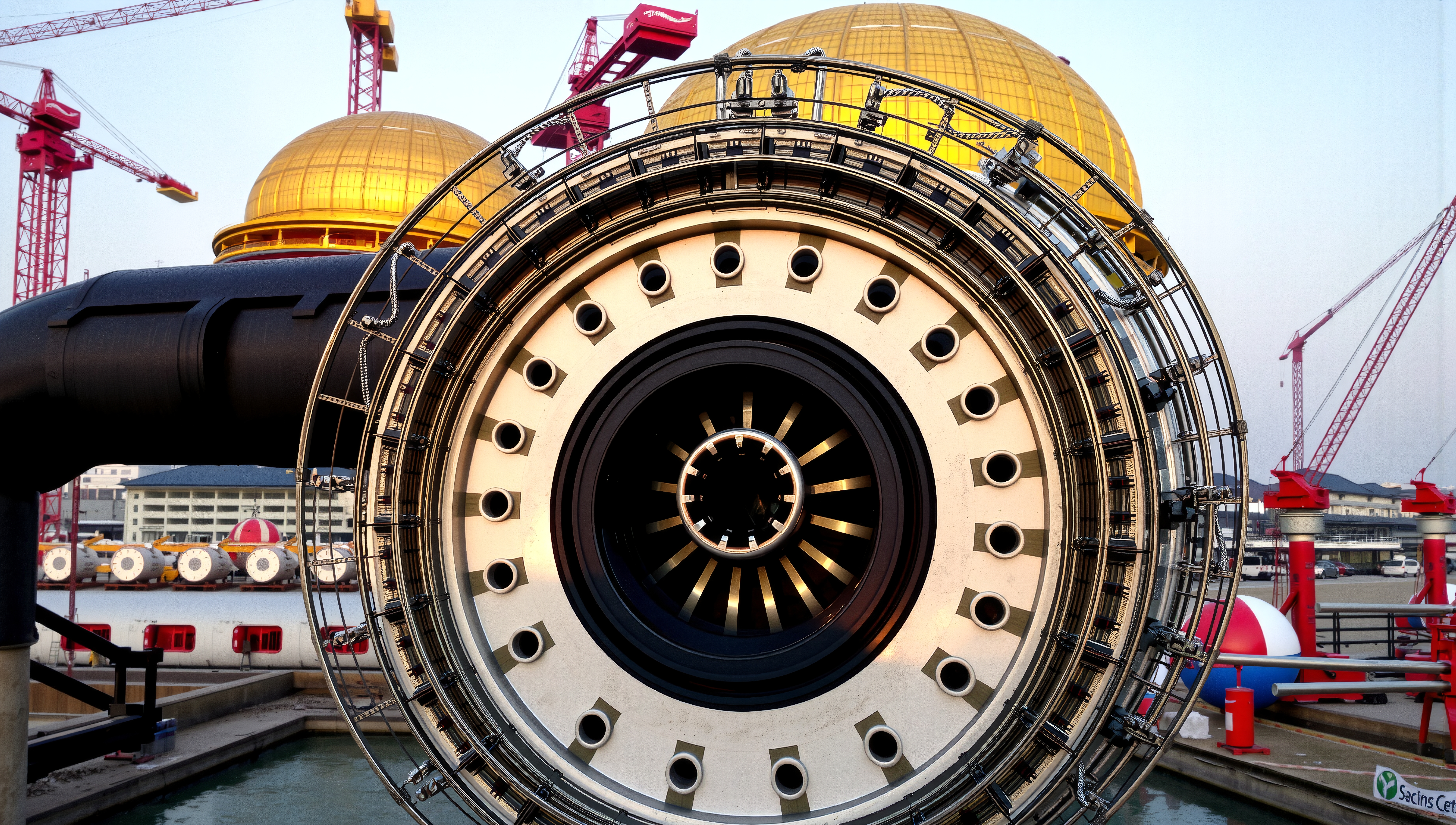 A large industrial wheel with cranes and gold domes on a construction site.