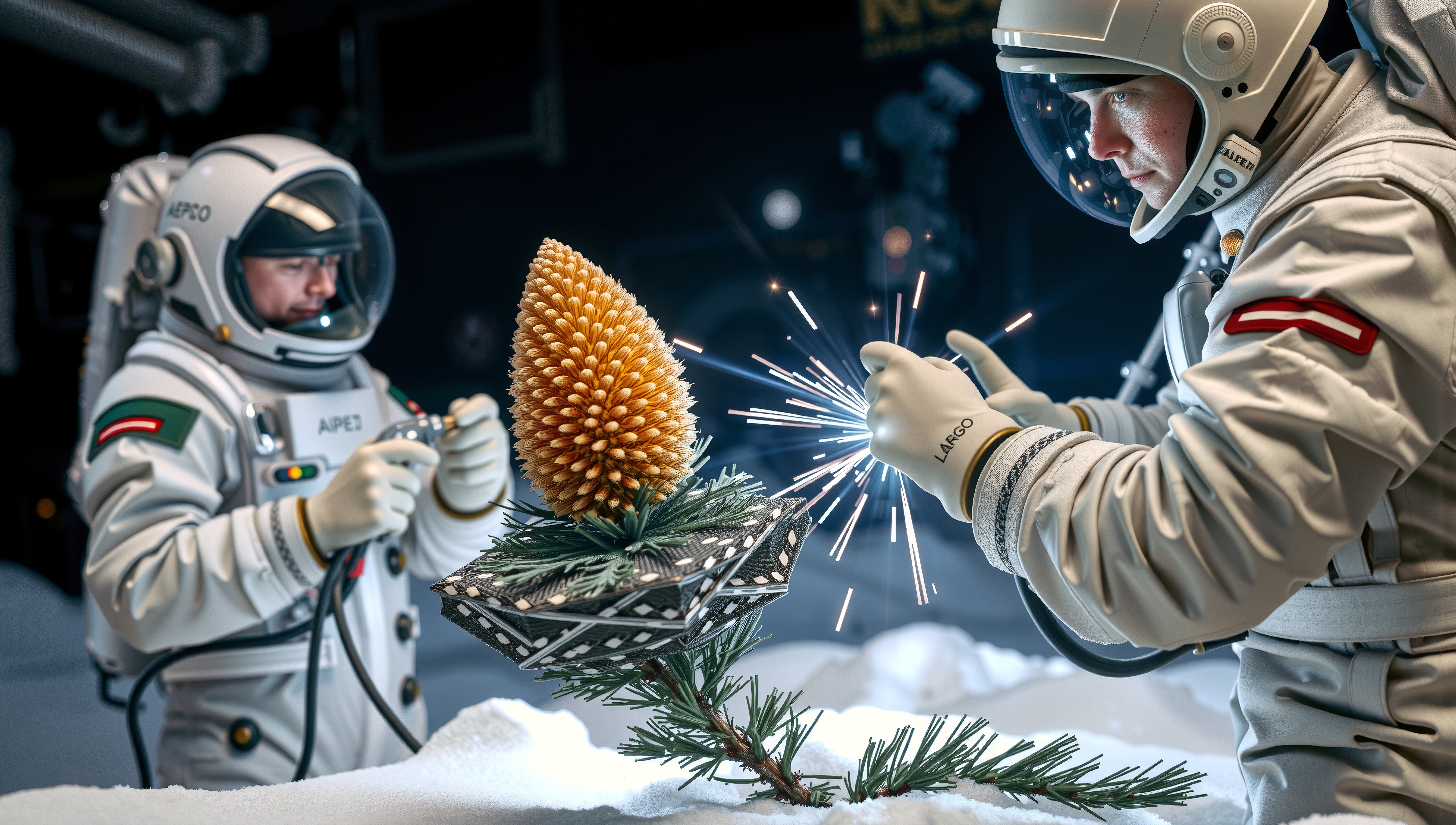 Astronauts decorate tree in space, blending holiday with technology.