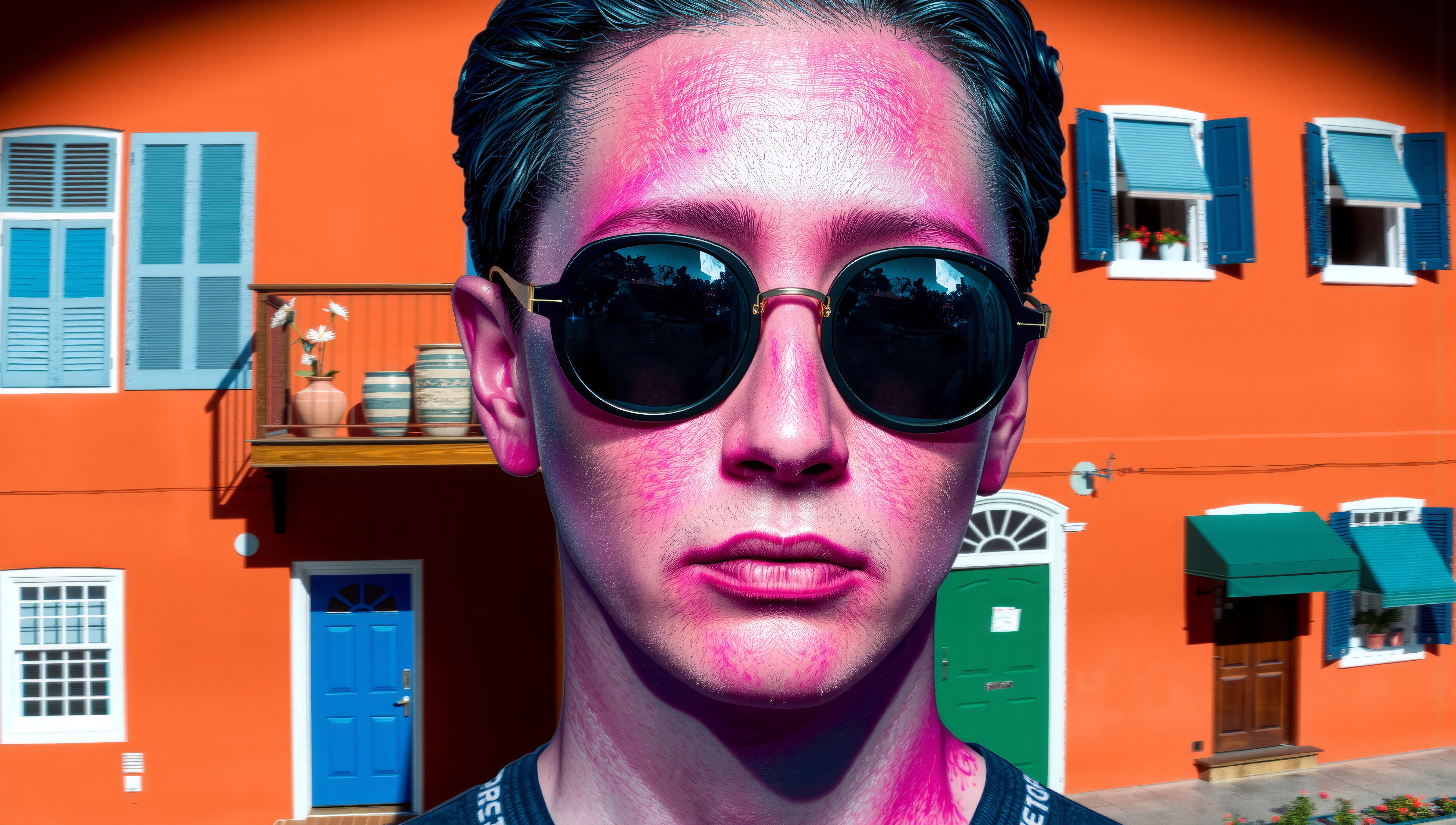 A person with pink skin and sunglasses stands before a bright orange building with blue shutters.