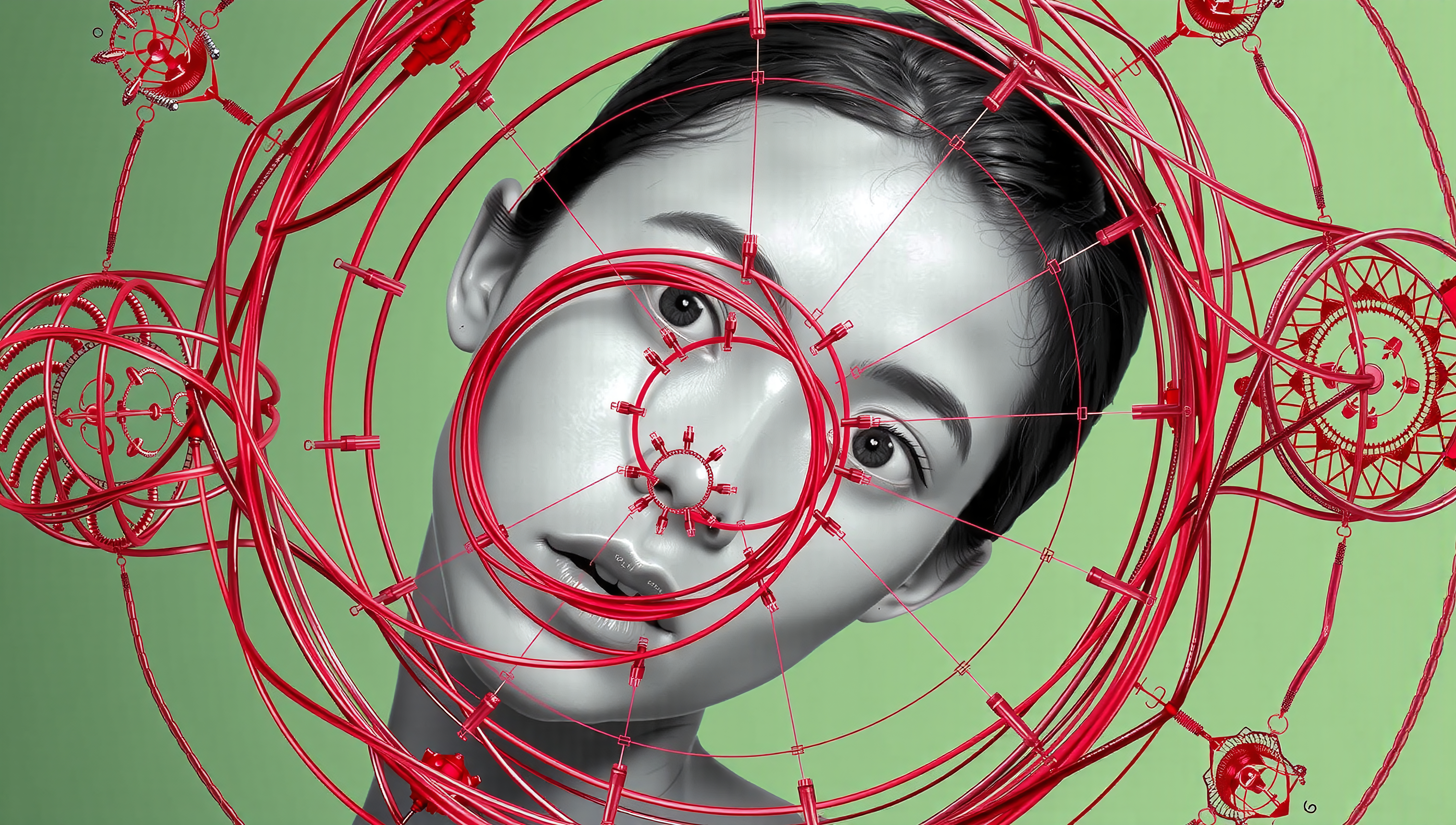 A grayscale woman framed by red mechanical gears on a green background.