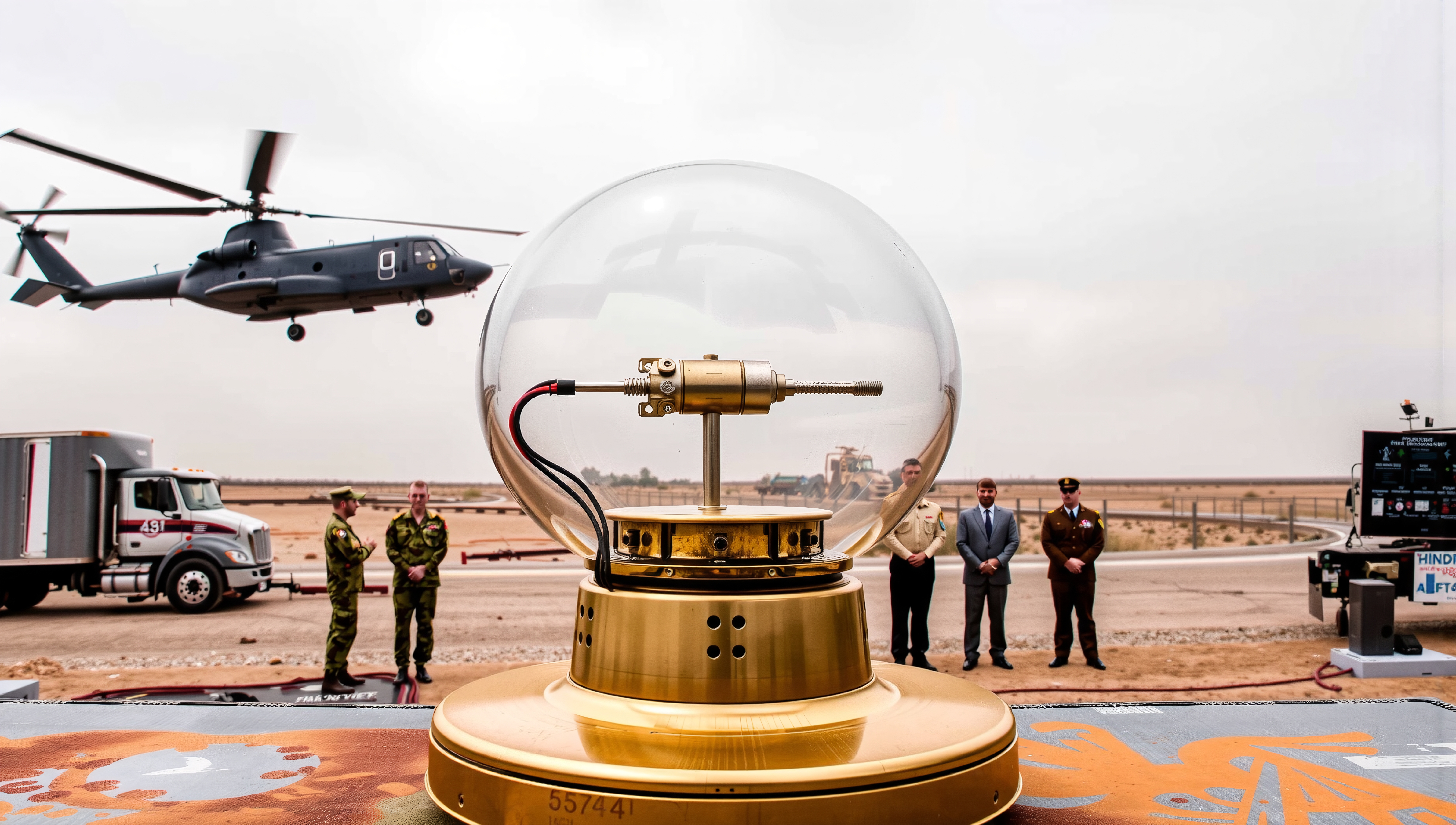 A helicopter hovers above a high-tech device in a desert setting.