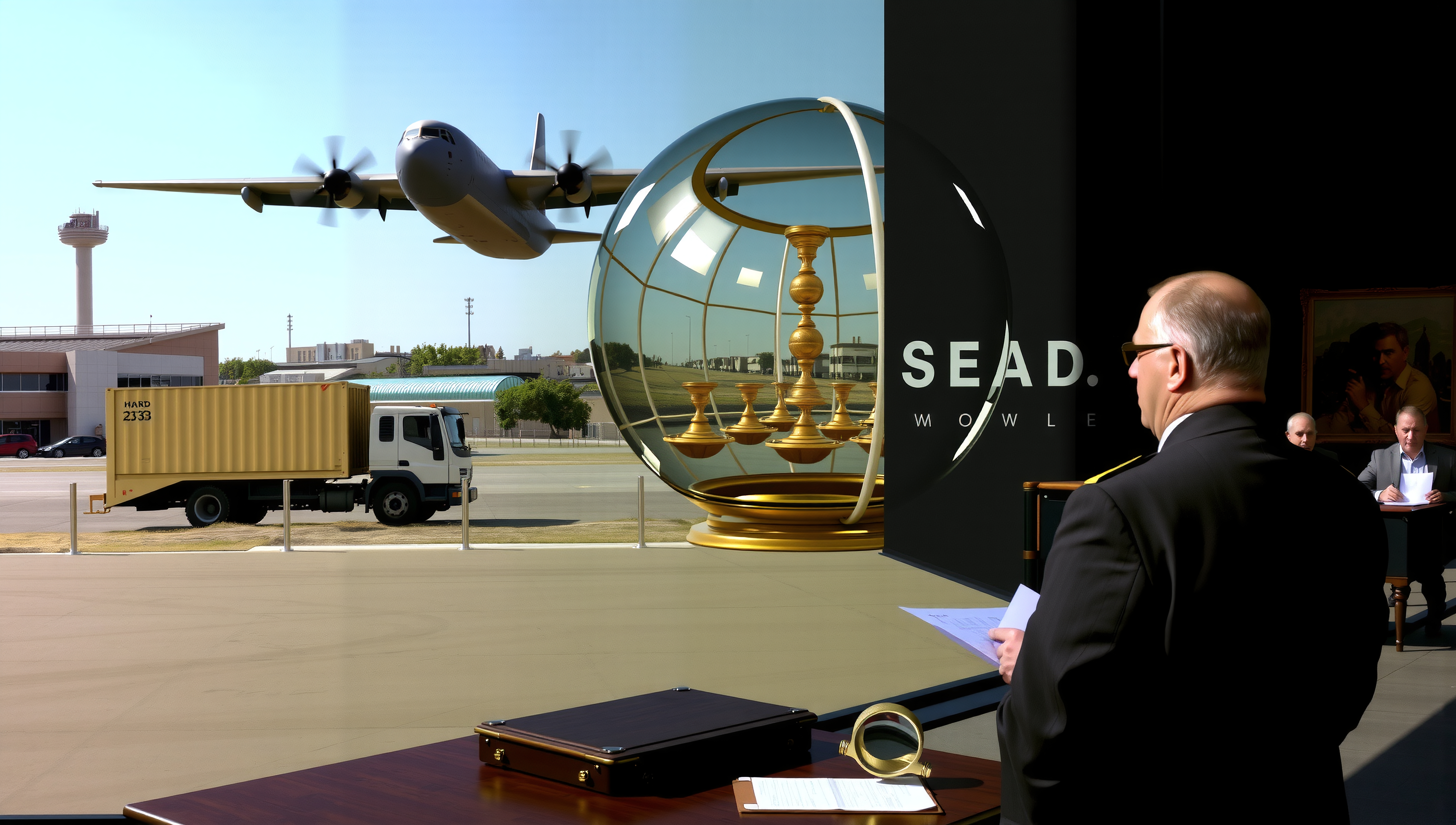A professional setting with modern aviation, logistics, and symbolic scales.