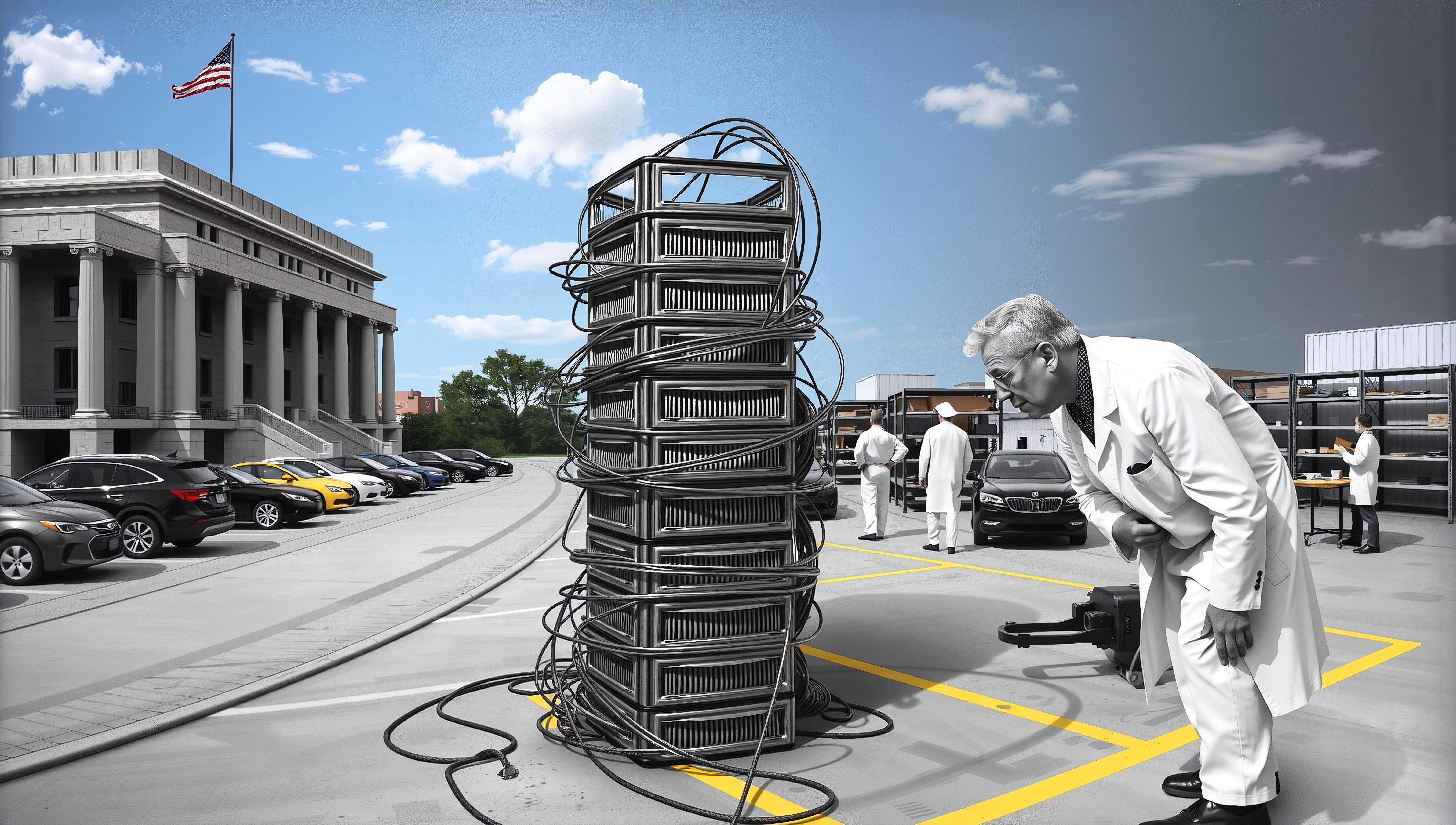 A group of scientists examines tangled server stack in a parking lot near a grand building.