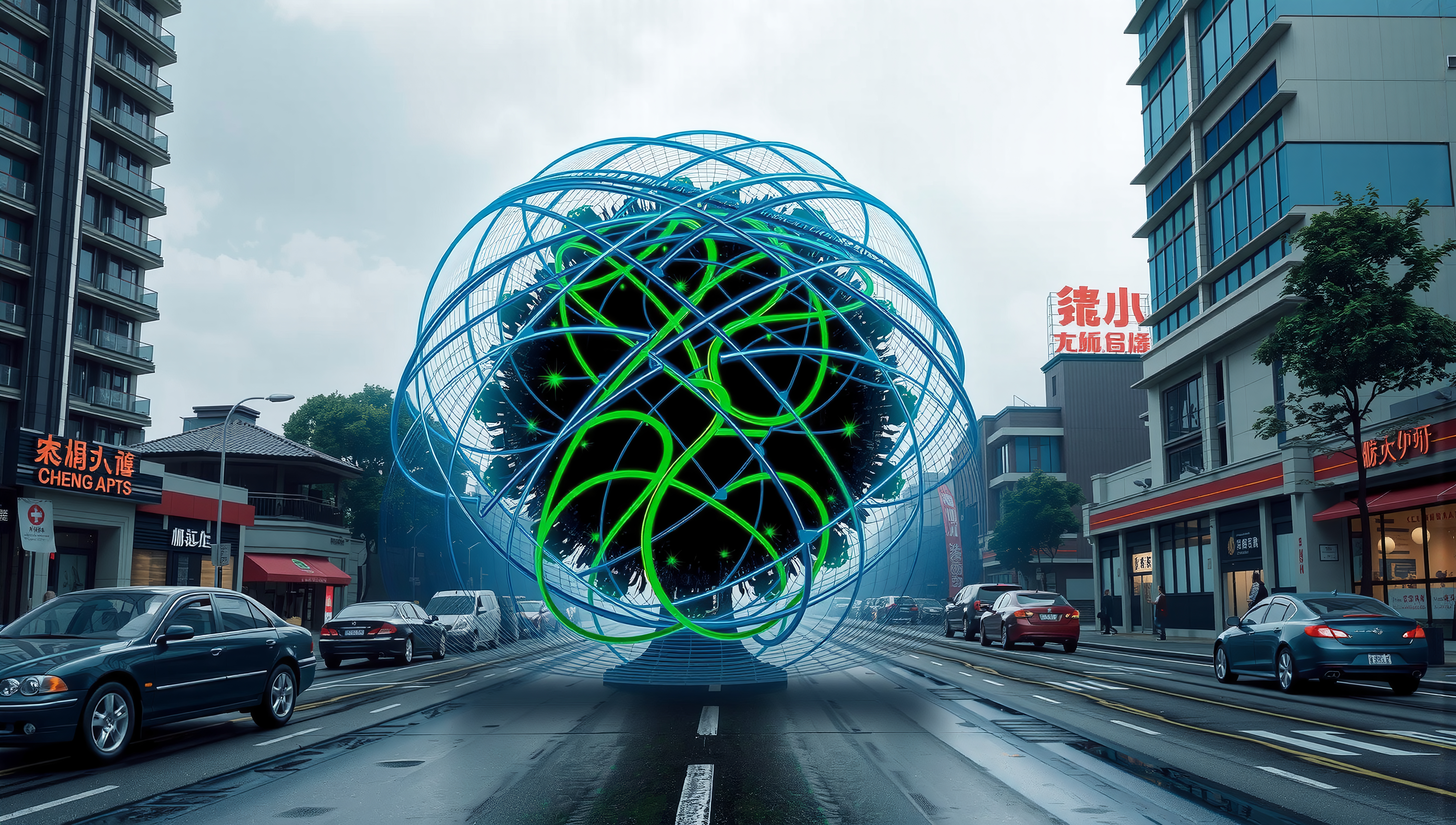 A futuristic spherical art installation in an urban city street with passing cars and modern buildings.