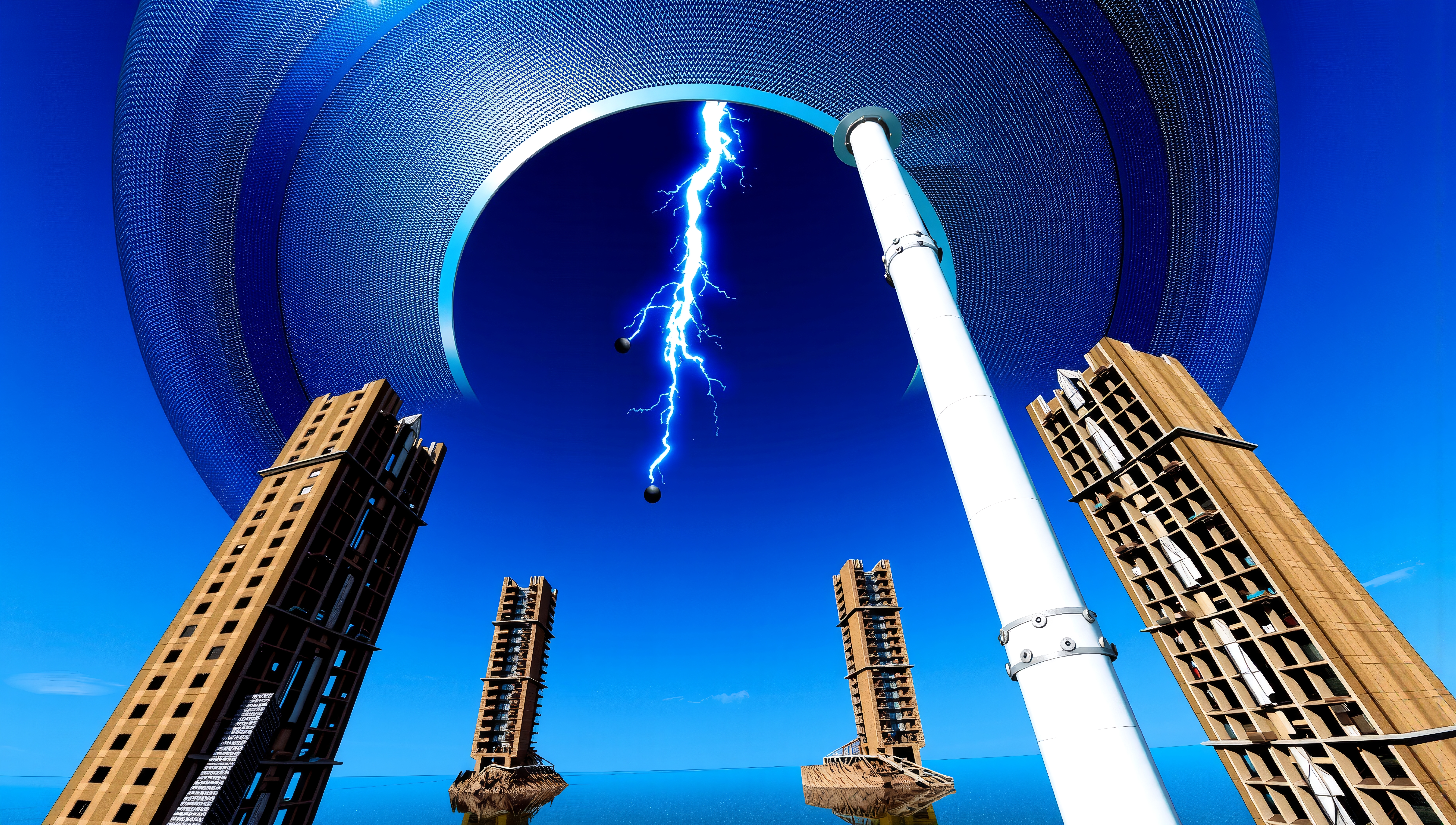Futuristic skyscrapers under a vast domed sky.