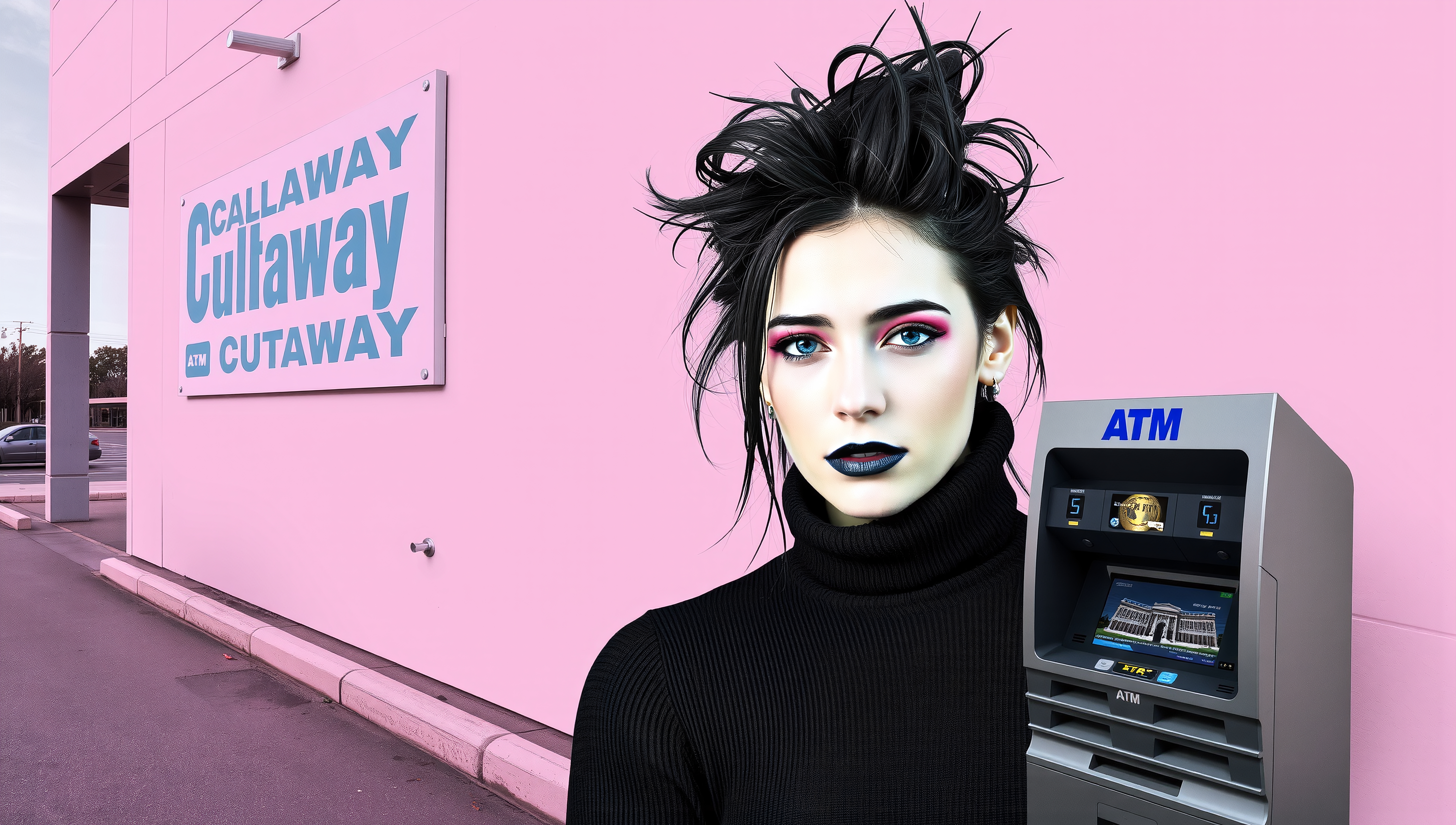 Woman with bold makeup near ATM.