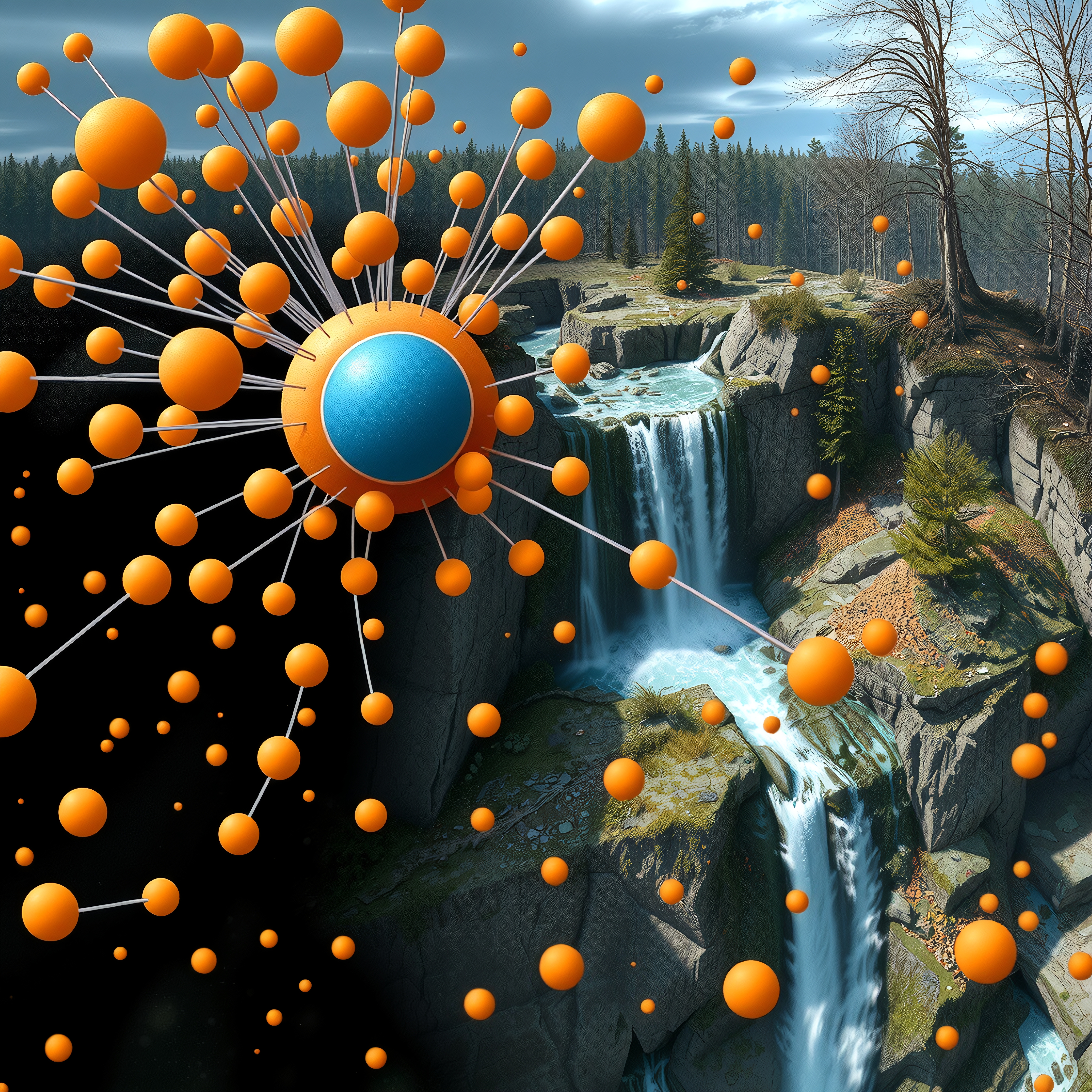 A stunning blend of a cascading waterfall and abstract geometric spheres creates a unique and captivating surreal landscape.