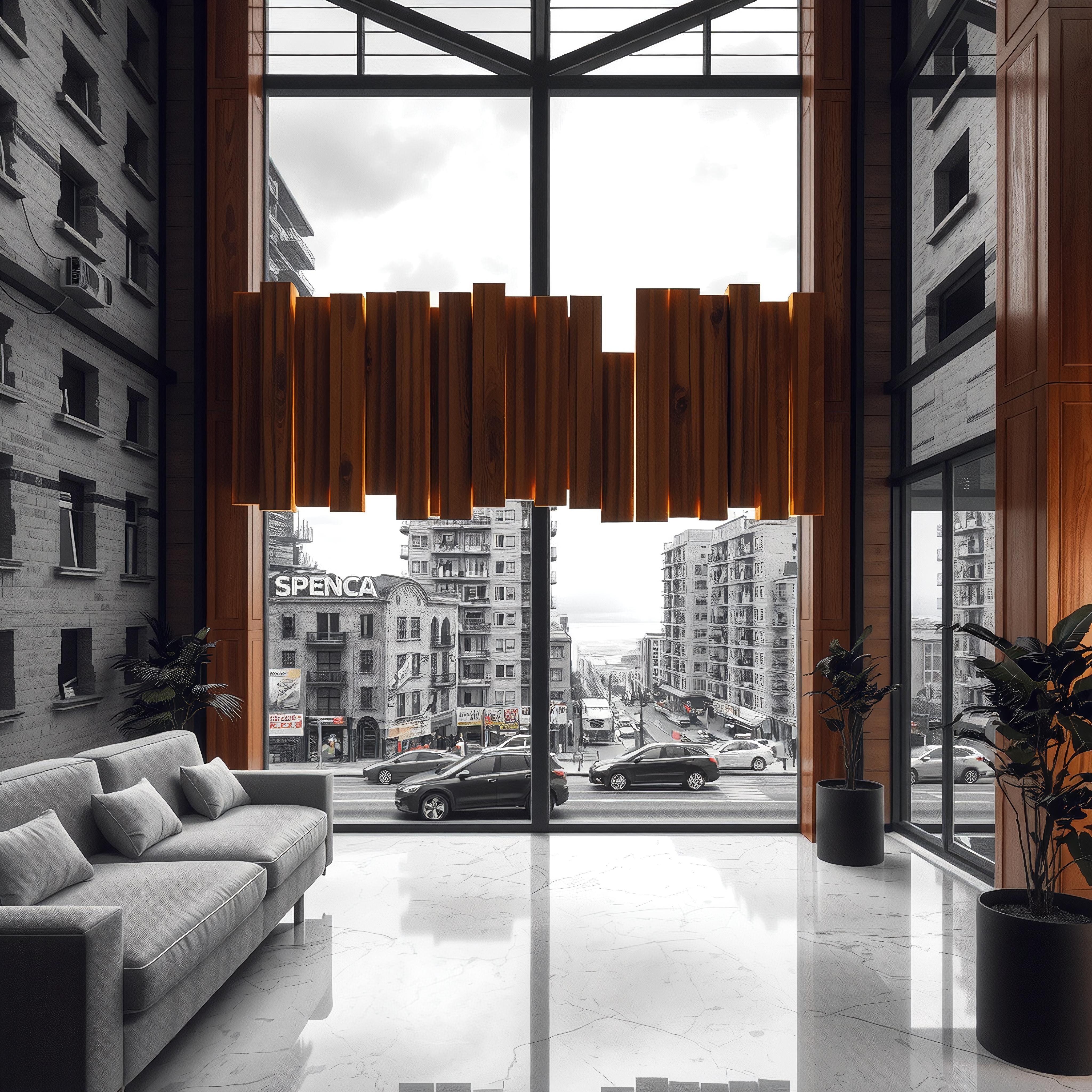 Contemporary interior with city view through large windows.