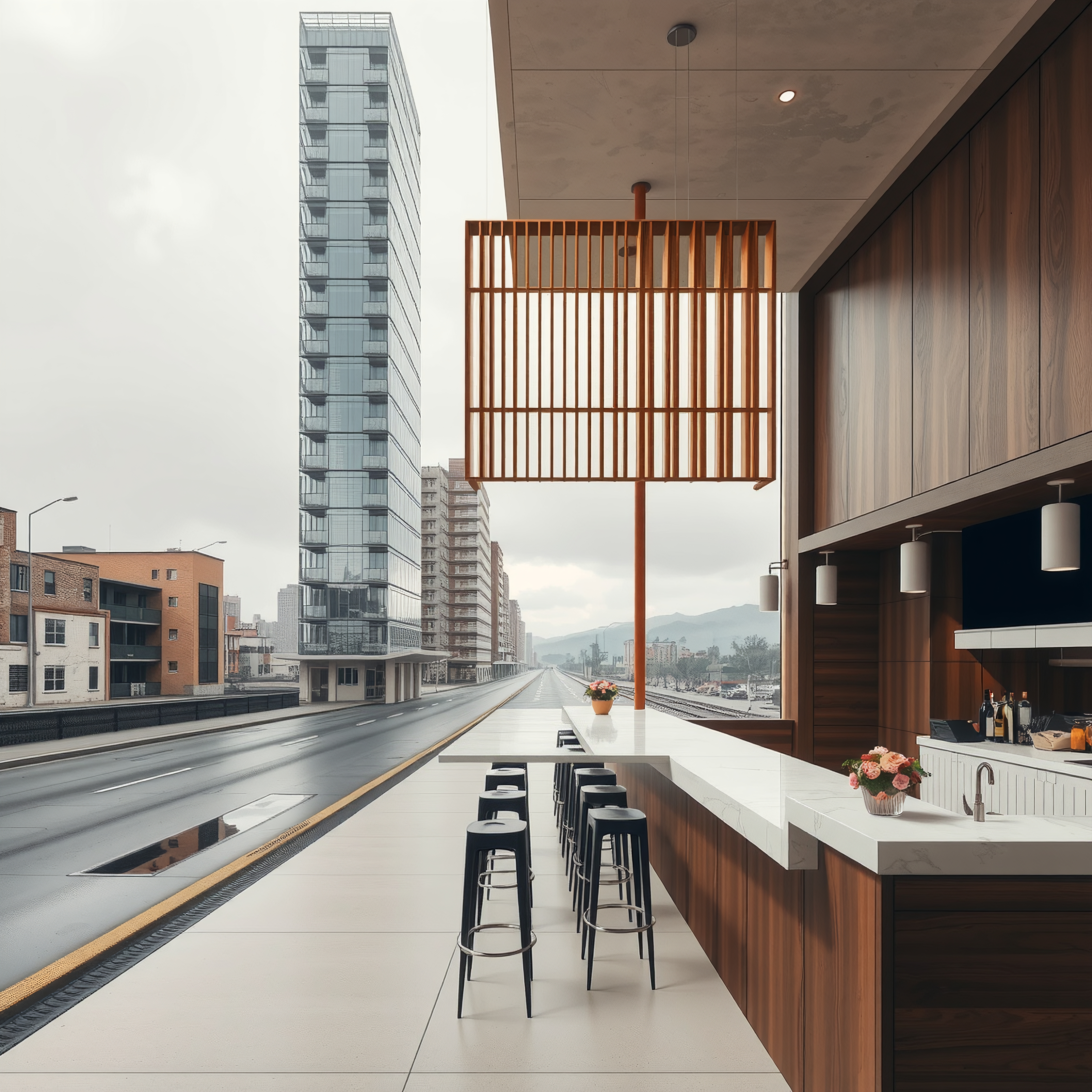 Modern urban cafe with sleek architecture, featuring a minimalist bar setting and an adjacent glass skyscraper.