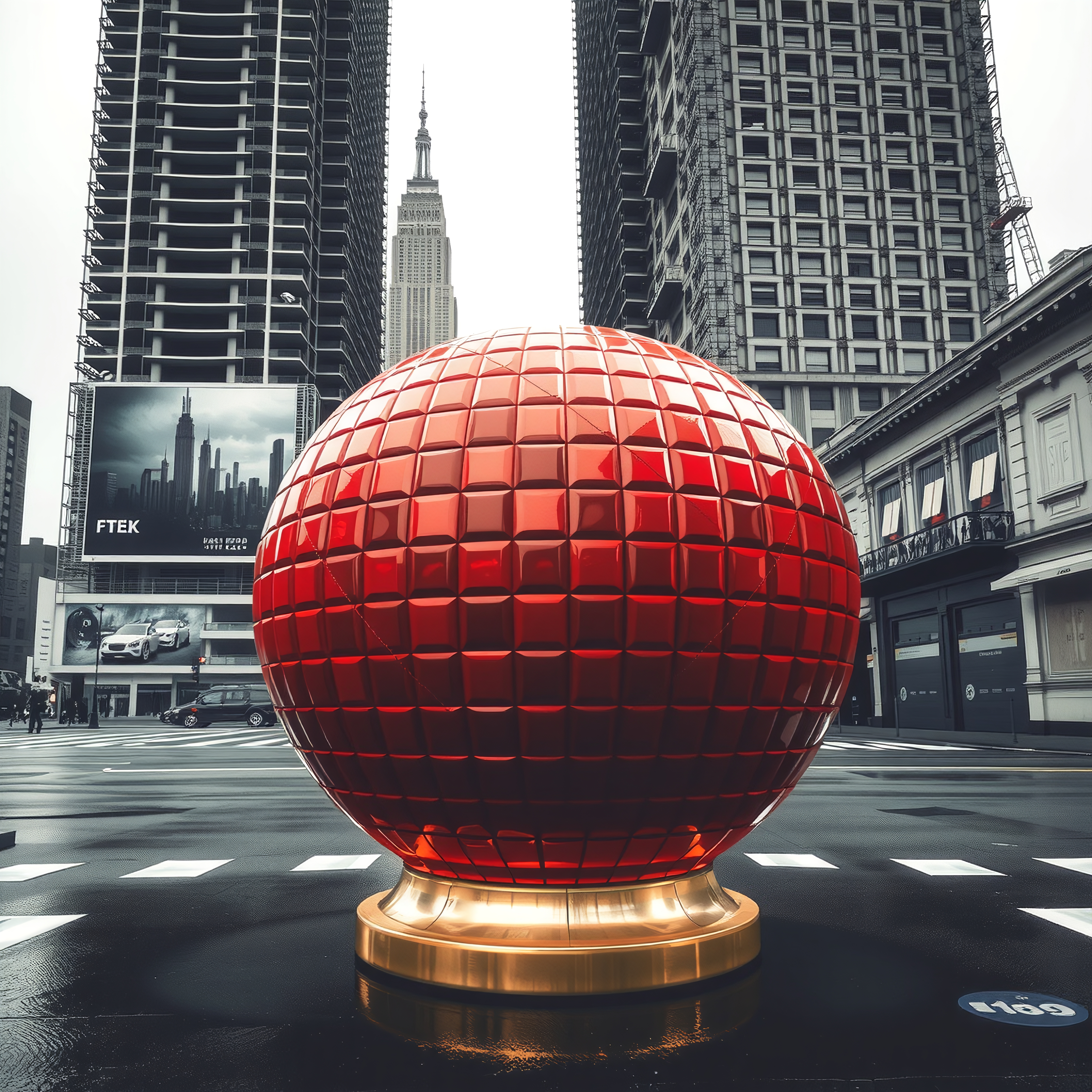 A massive red sphere in a city intersection with skyscrapers.
