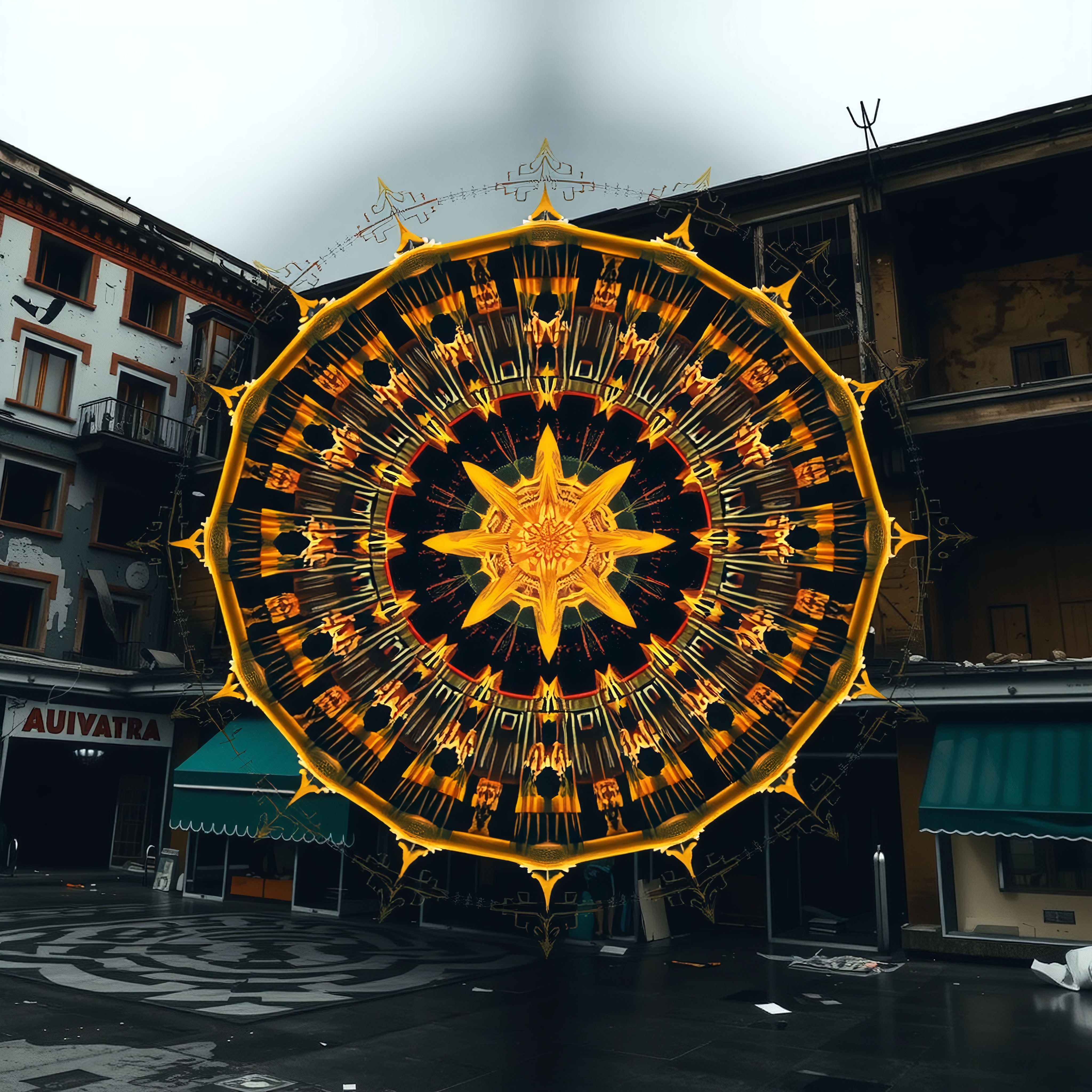 A vibrant golden mandala dominates an urban landscape with intricate patterns and contrasting colors.