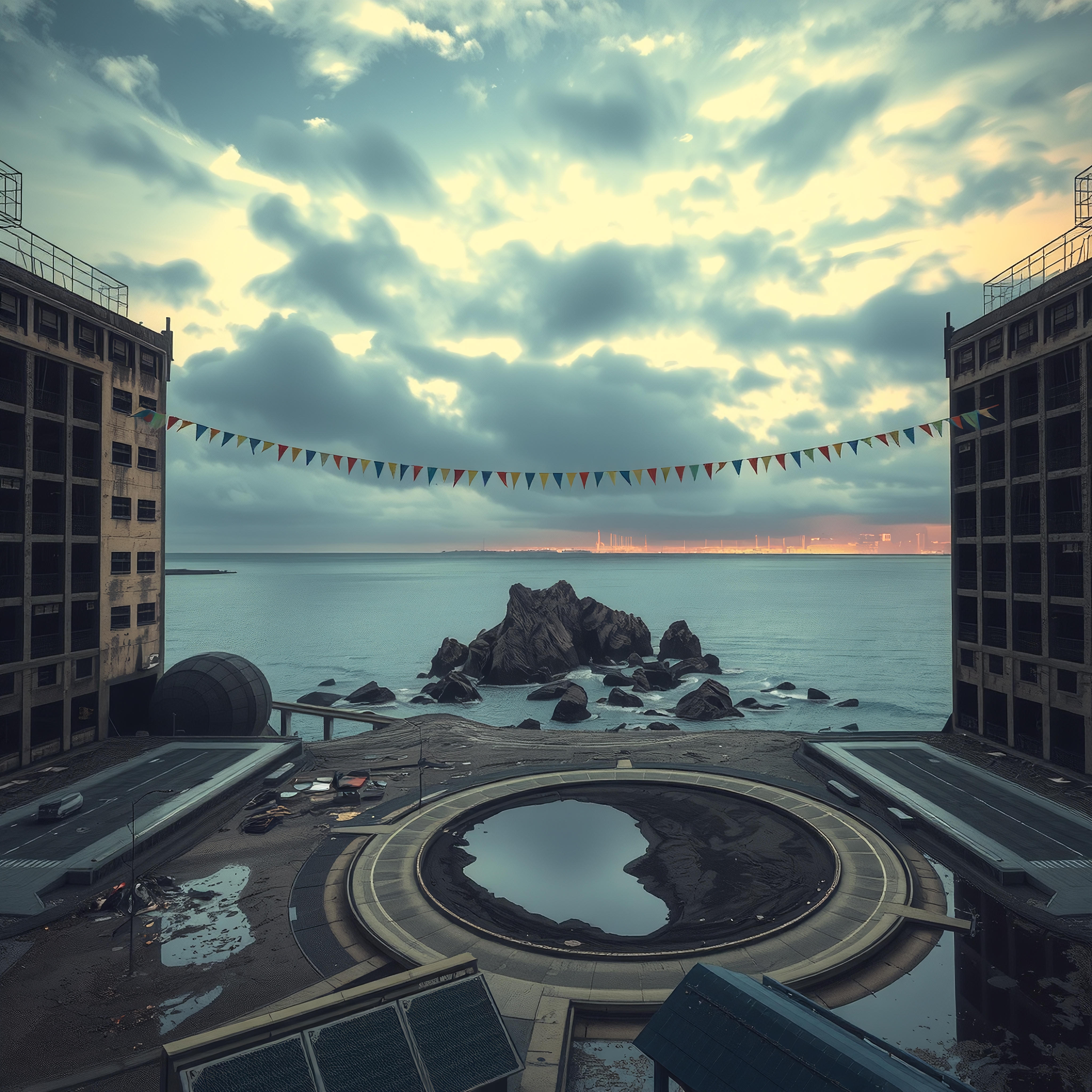 A tranquil rooftop scene with dramatic sky over ocean and distant wind turbines.