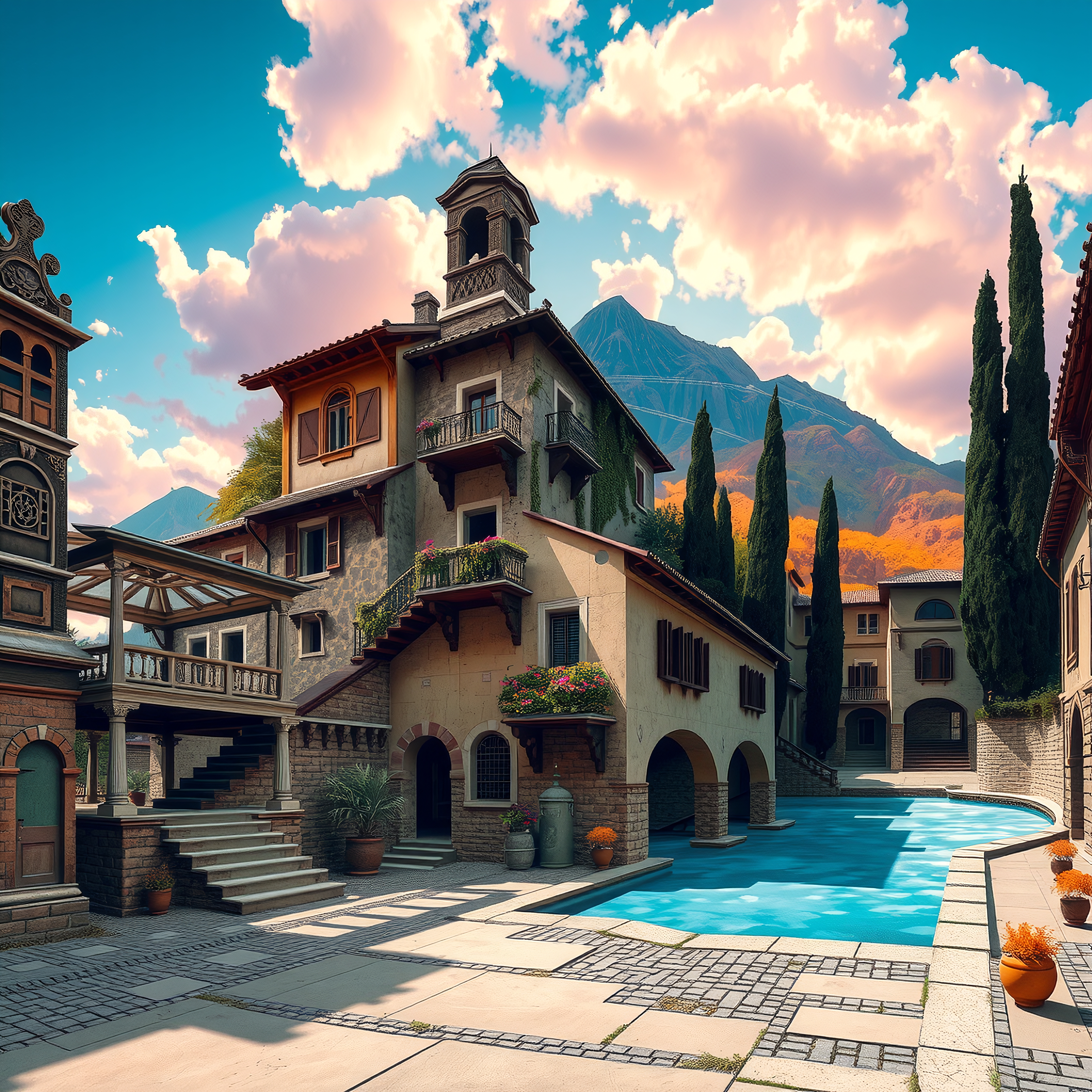 Charming Italian villa with pool, nestled in scenic mountain landscape.
