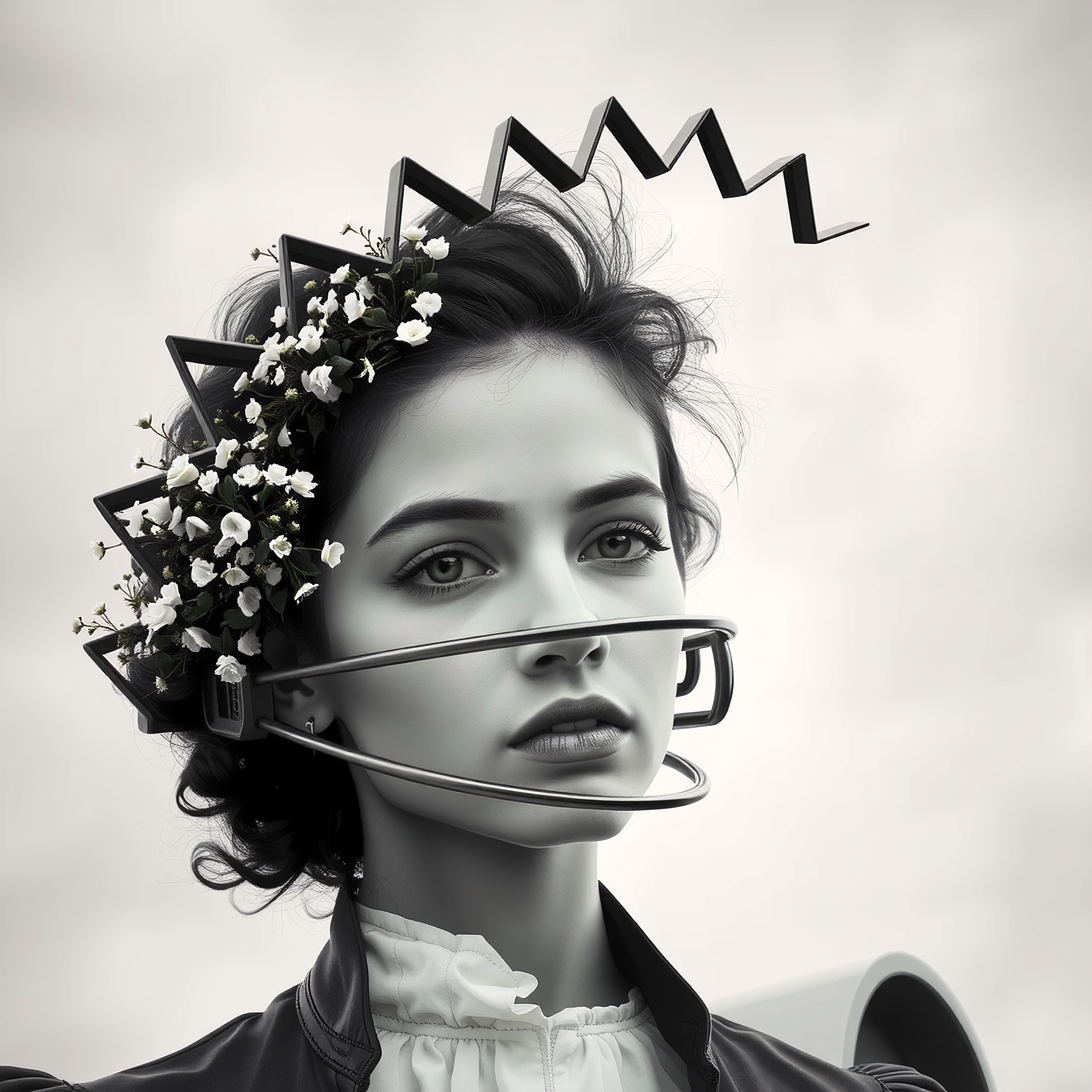 A black-and-white portrait of a woman showcasing a creative headpiece adorned with angular structures and small flowers against a gradient background.