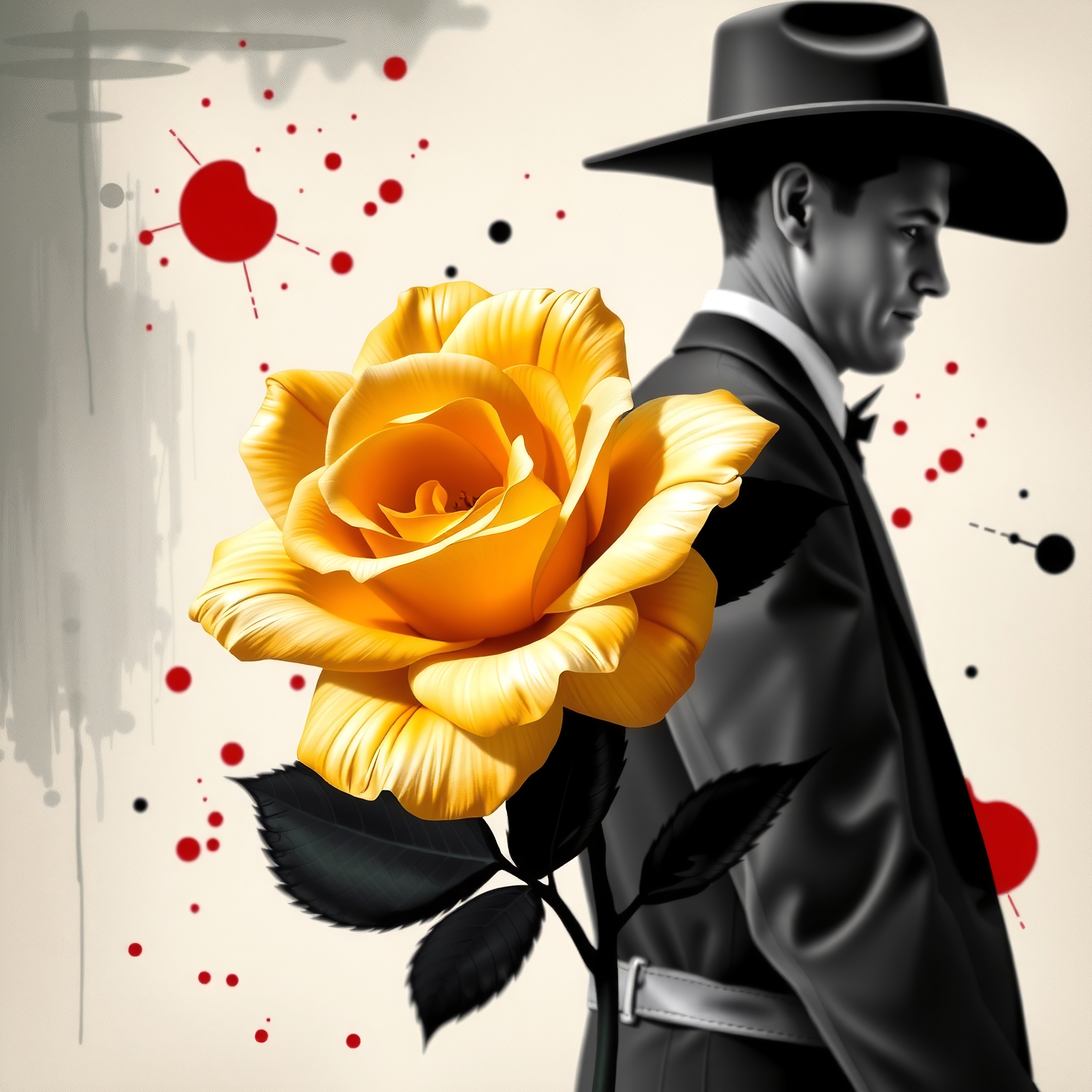 A man in a black suit and hat stands with a large yellow rose in the foreground, set against an abstract splatter background.
