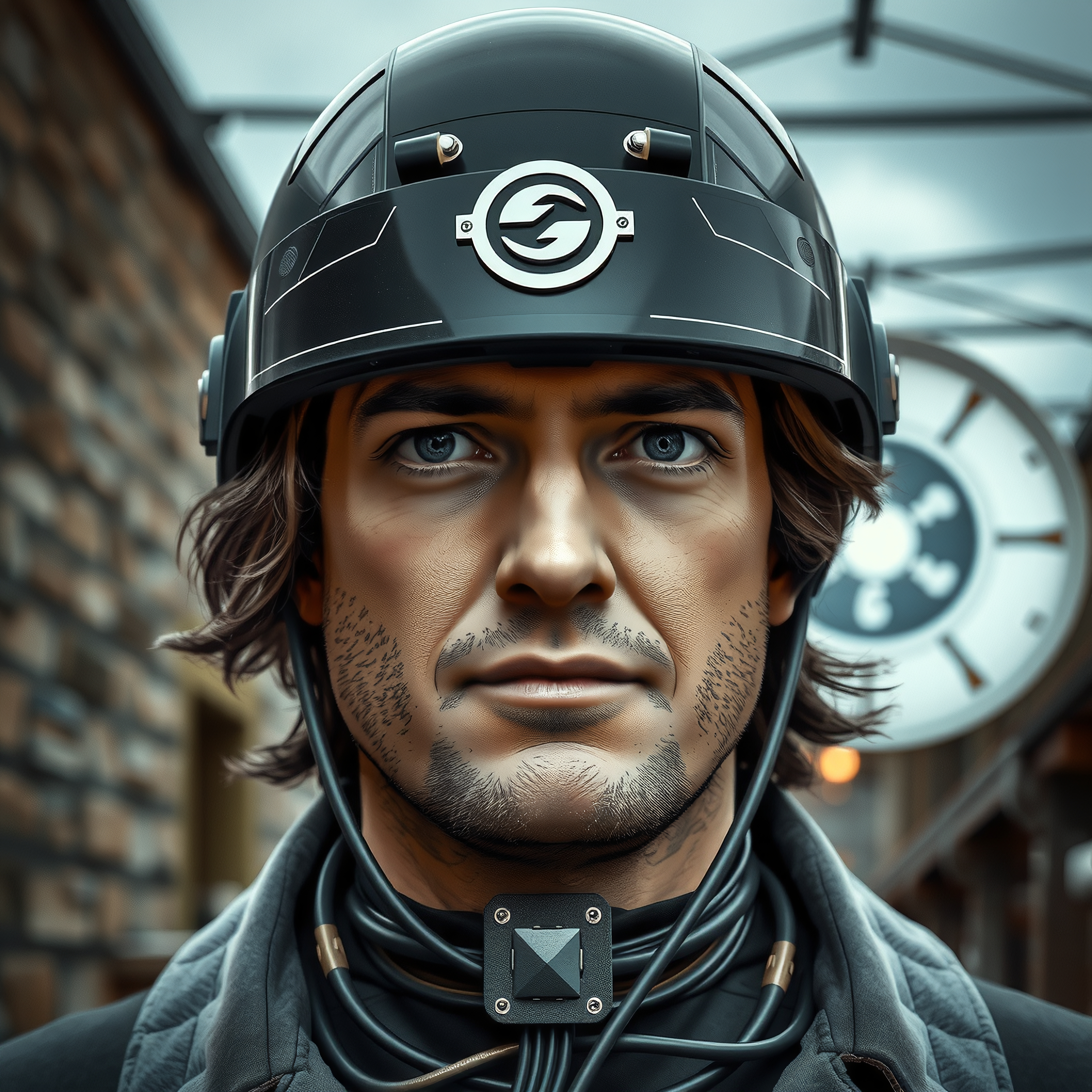 A man wearing a futuristic helmet with a digital display in an industrial setting.