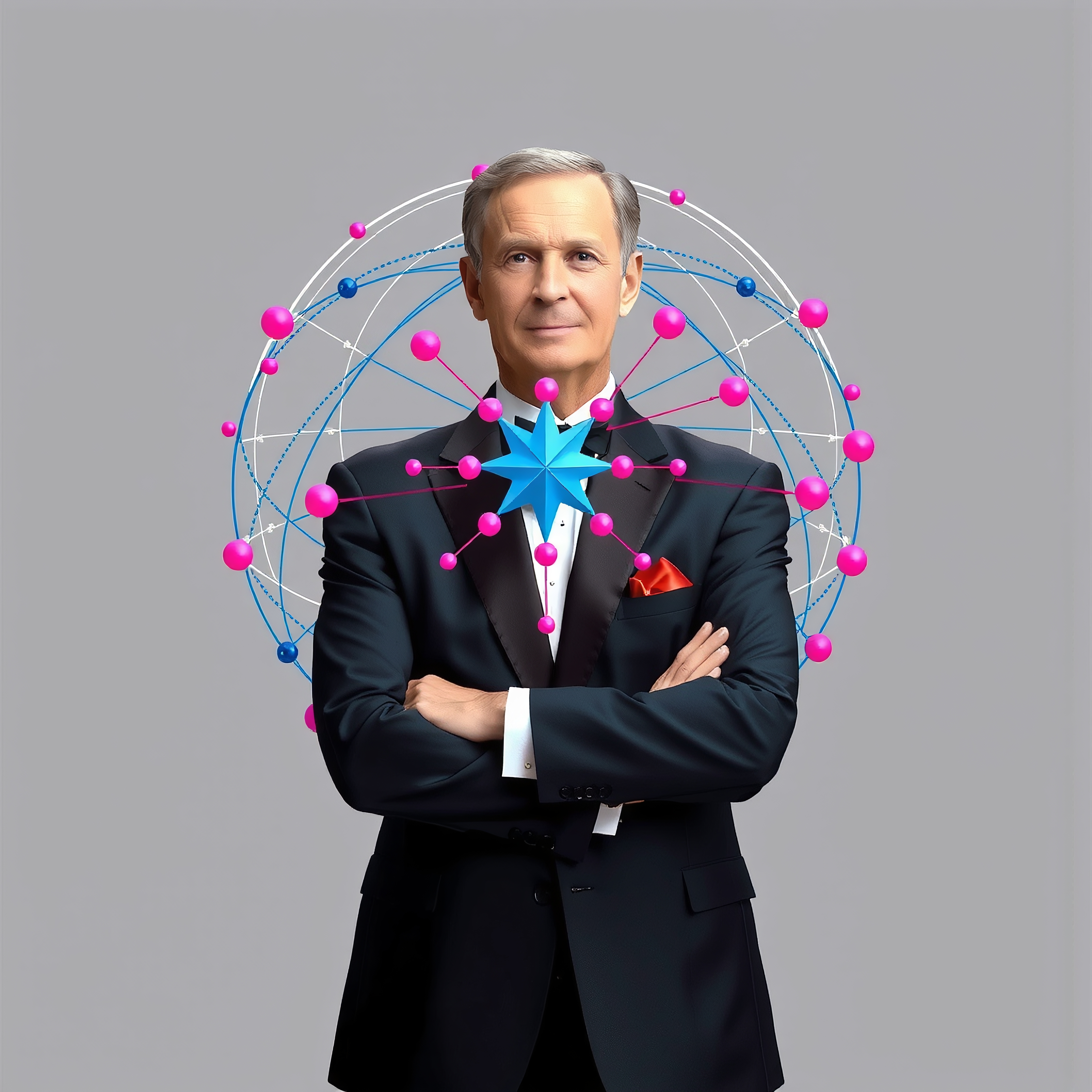 A distinguished man in a suit stands with an abstract, colorful network design encircling him, symbolizing leadership and innovation.