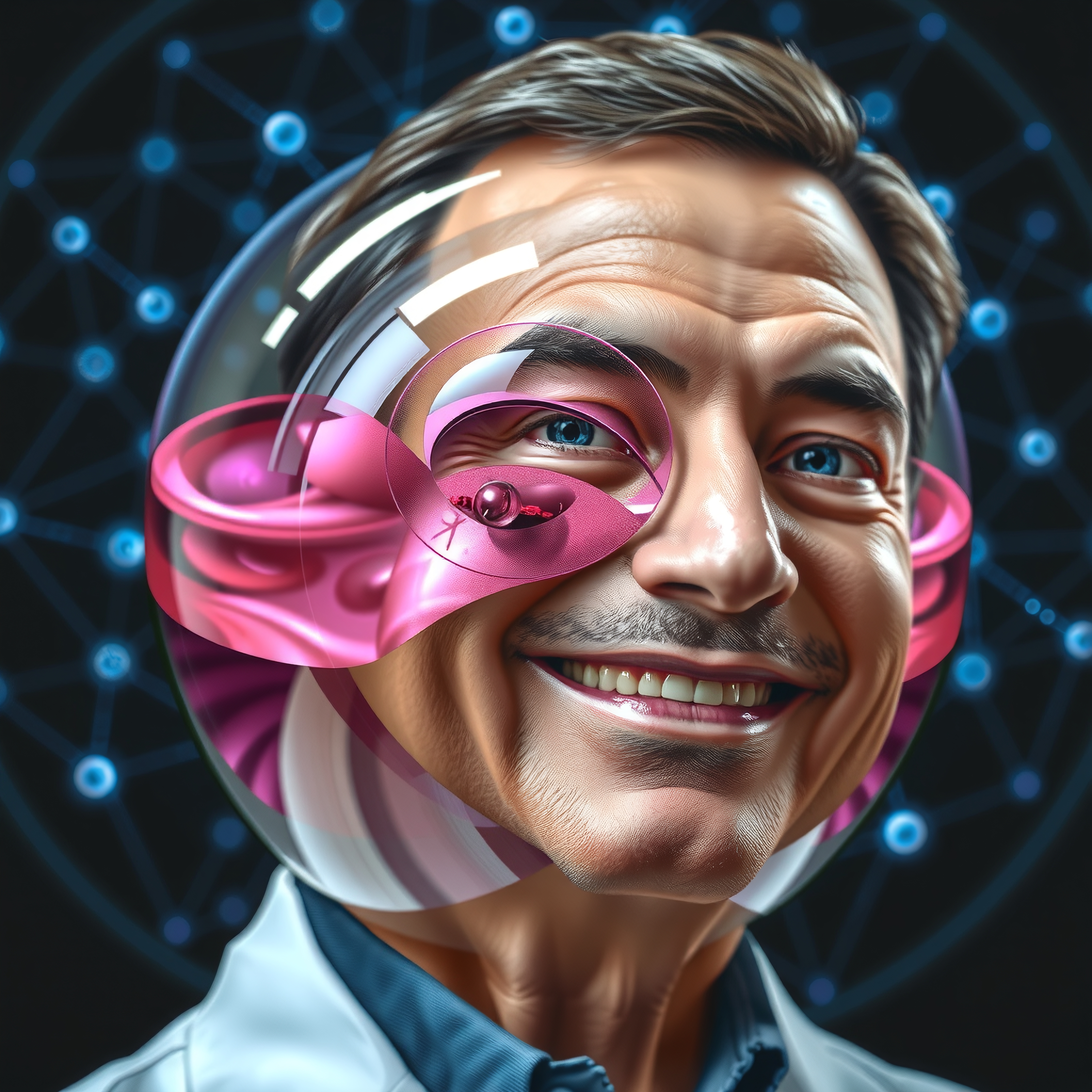 A futuristic scene depicting a man in a transparent helmet, blending human features with digital interfaces and organic structures against a networked background.