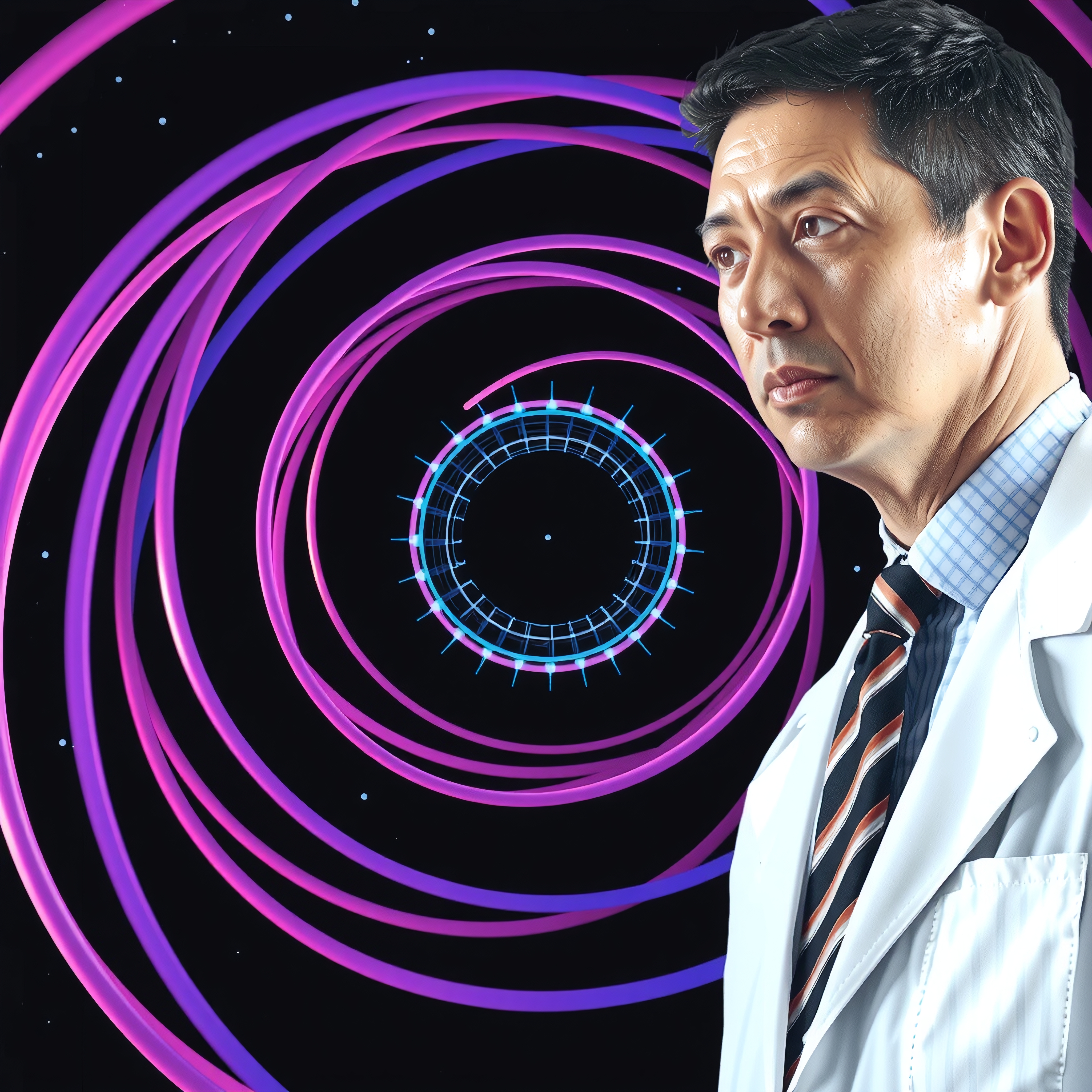 A scientist stands before futuristic, spiraling neon circles in a cosmic space backdrop.
