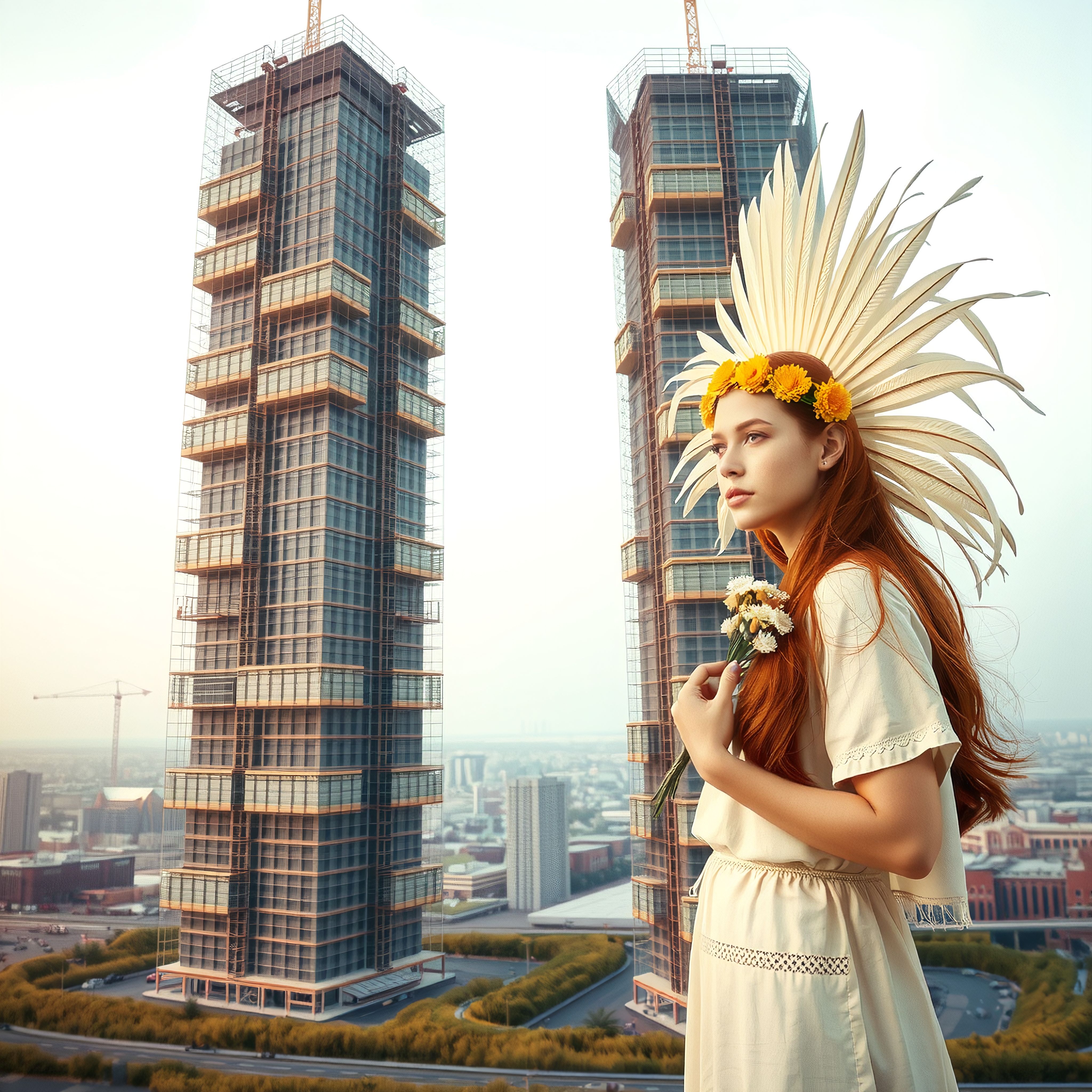 A woman in a feathered headdress stands on a rooftop with skyscrapers in the background, holding flowers and gazing into the cityscape.