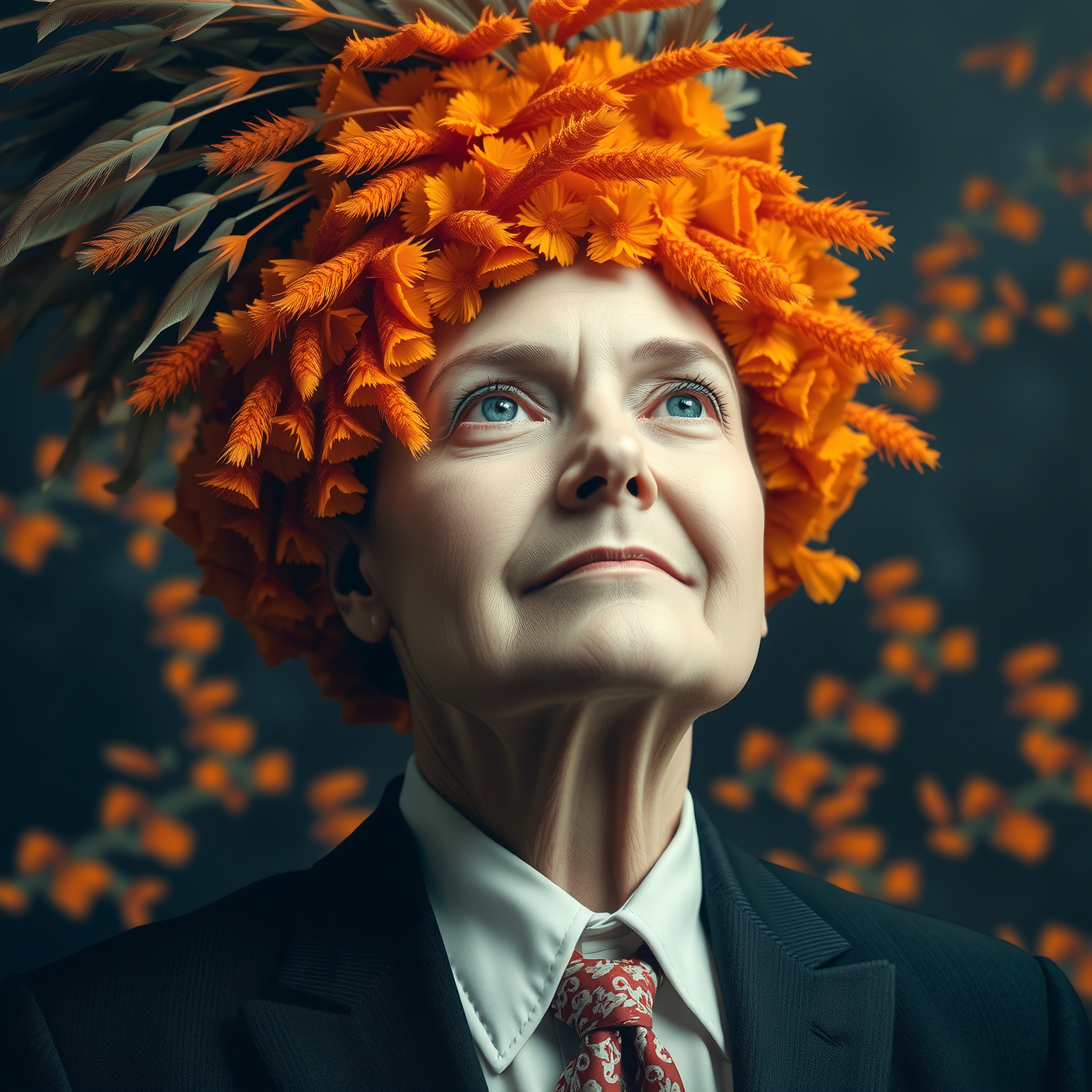 A person in formal attire with a striking floral headpiece of orange flowers and foliage.