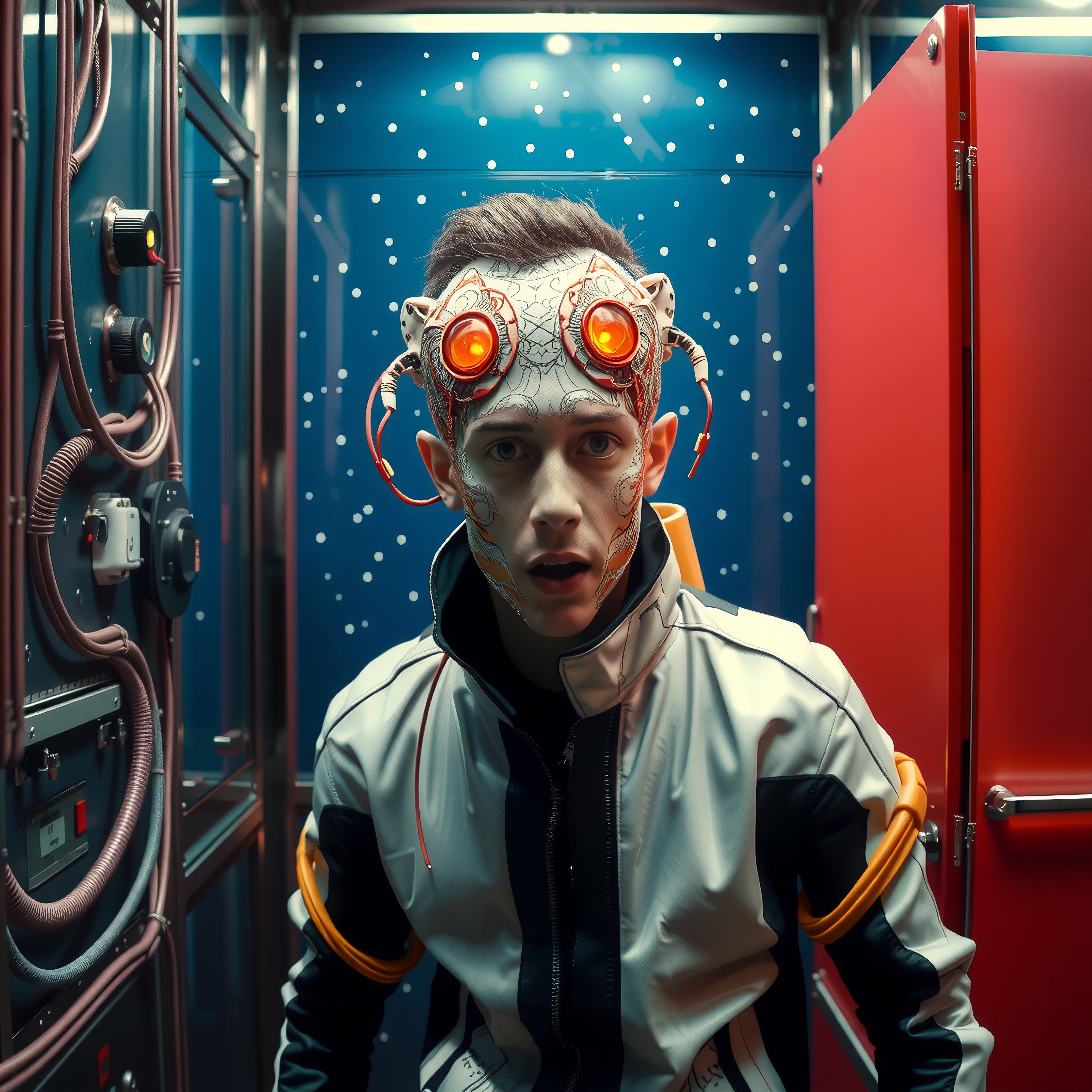 Futuristic individual wearing a patterned helmet and glowing goggles in a high-tech, cyberpunk setting.
